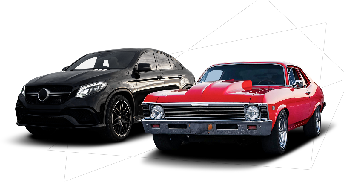 A black Mercedes-Benz SUV parked next to a vibrant red classic muscle car against a white background.