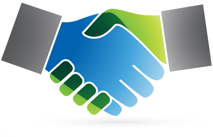 A blue and green handshake on a white background