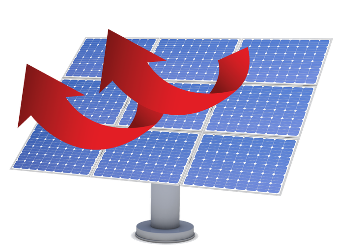 A solar panel with two red arrows pointing to it