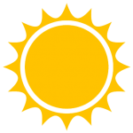 A yellow sun with white rays on a white background.