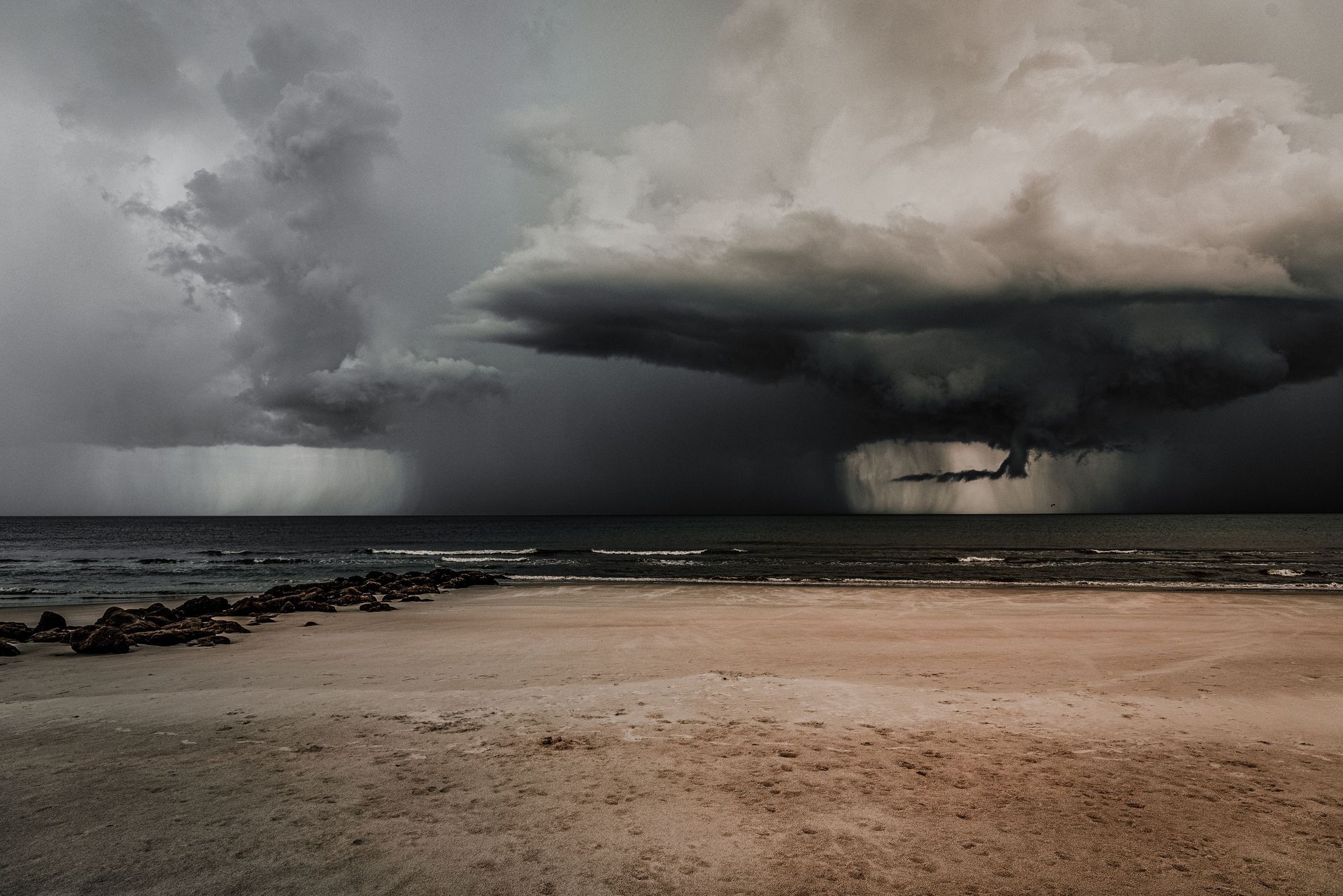 Satellite-style view of a tropical storm system over the Gulf of Mexico approaching Texas