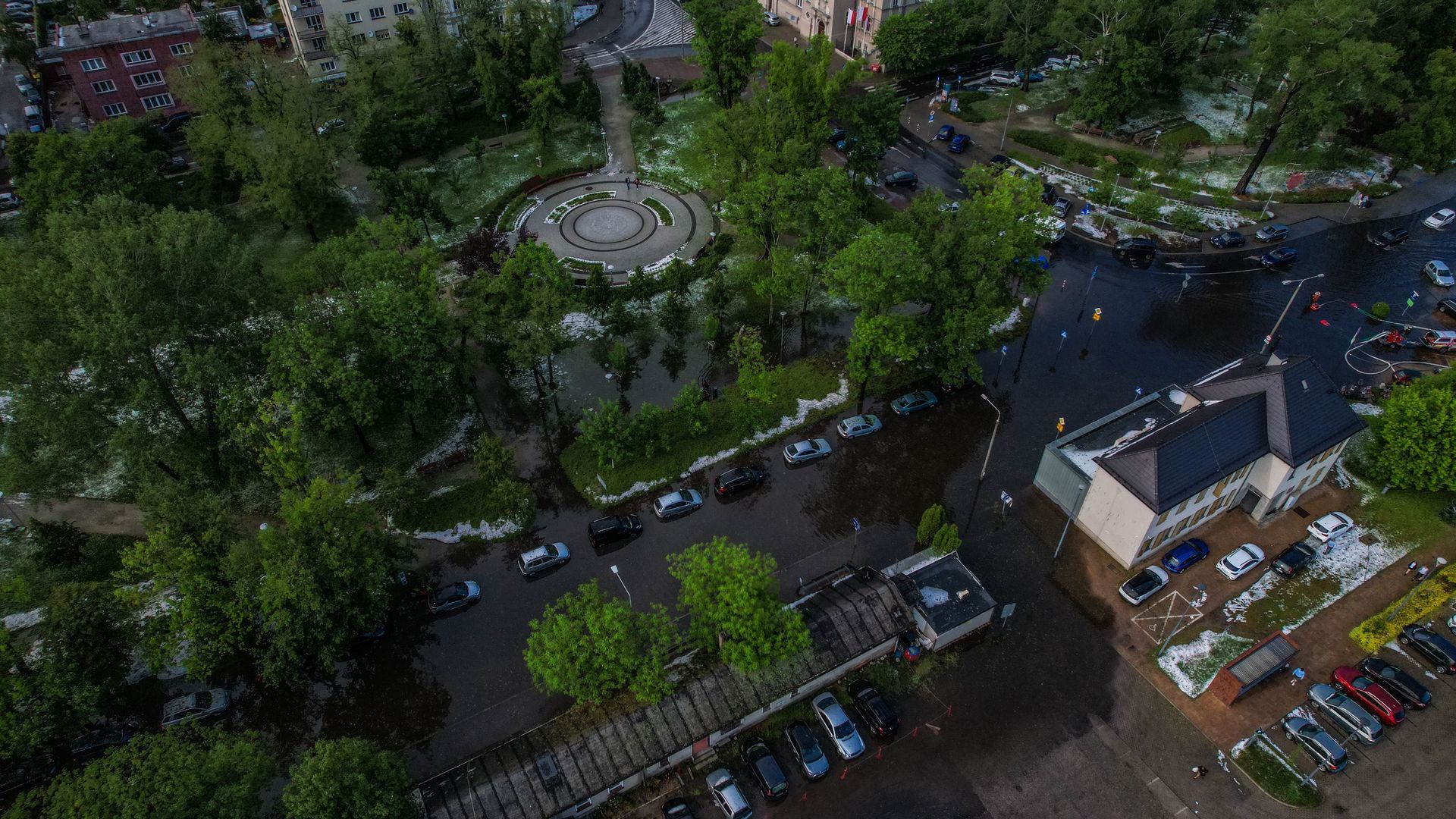 Aerial view of a flooded neighborhood, the kind of inland flash flooding a hurricane remnant brings