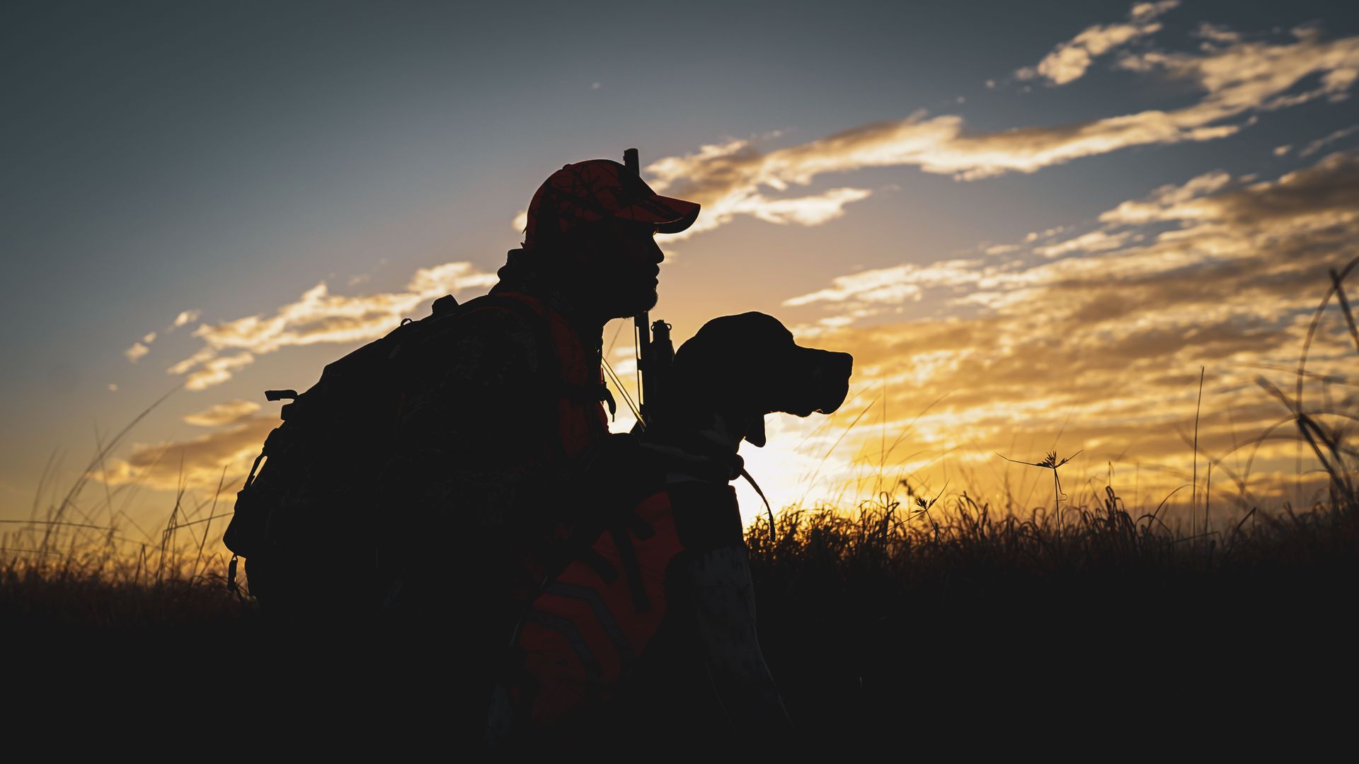 Silhouette of a hunter and his dog at sunset in a grassy North Texas field before dove season