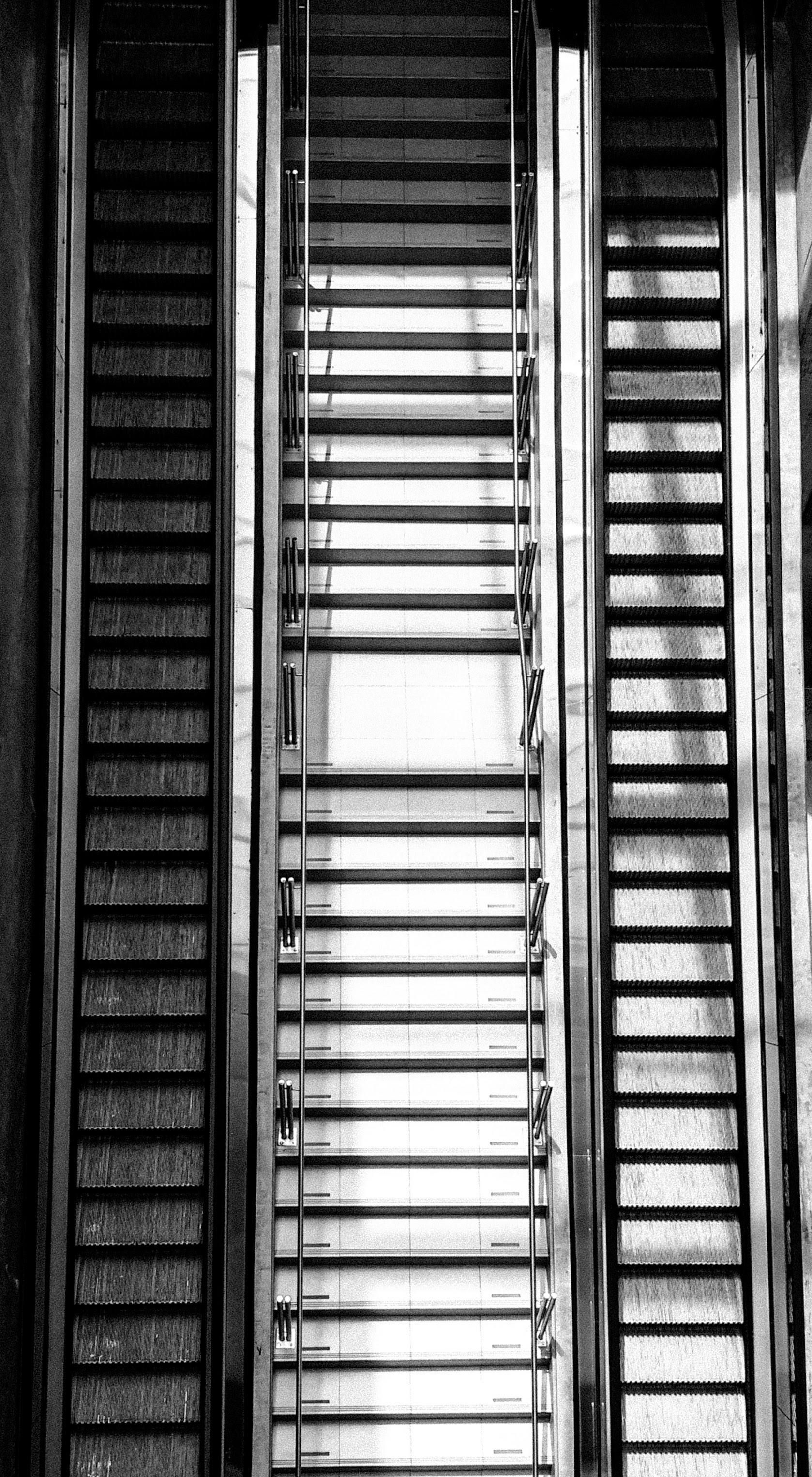 Black-and-white view of tall industrial ladder or stairwell with repeating steps and rails