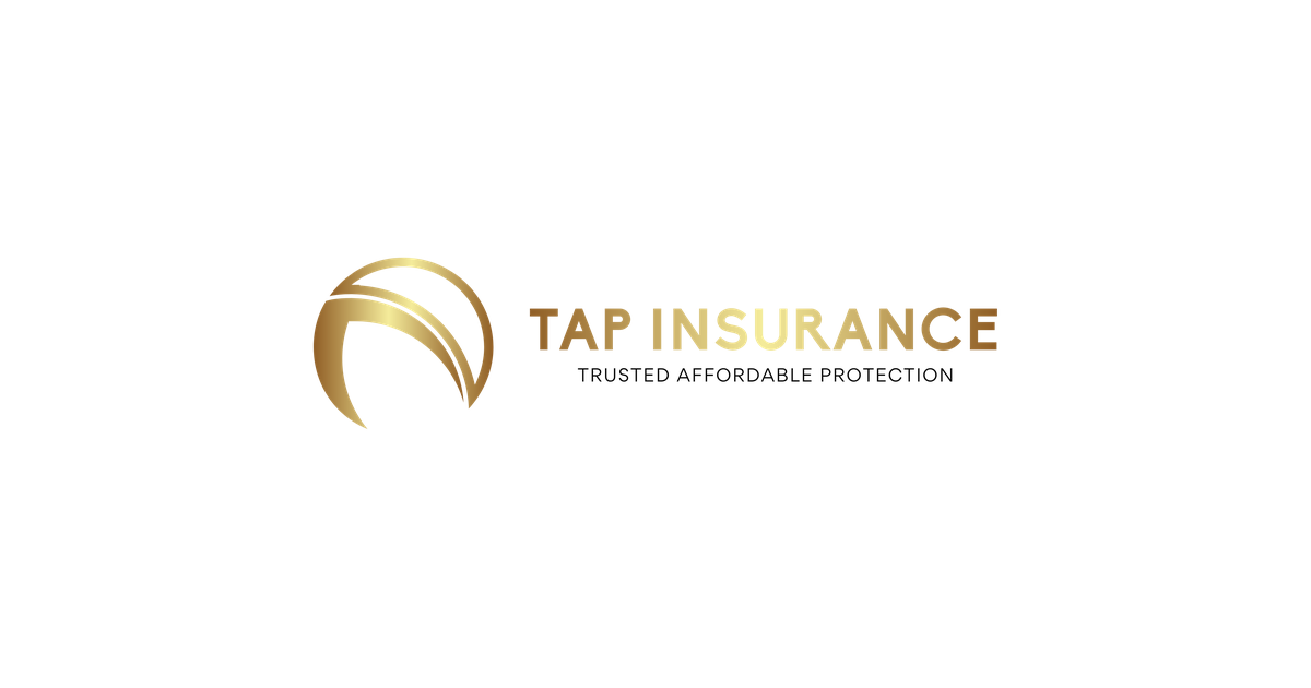 TAP Insurance logo with gold abstract leaf icon and tan text on white background