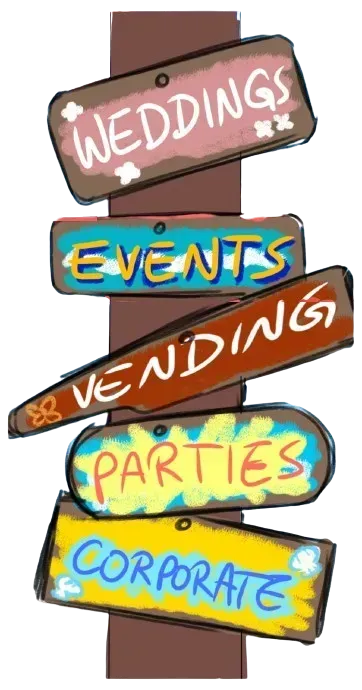 Wooden signpost with signs for Weddings, Events, Vending, Parties, and Corporate, in colorful lettering.