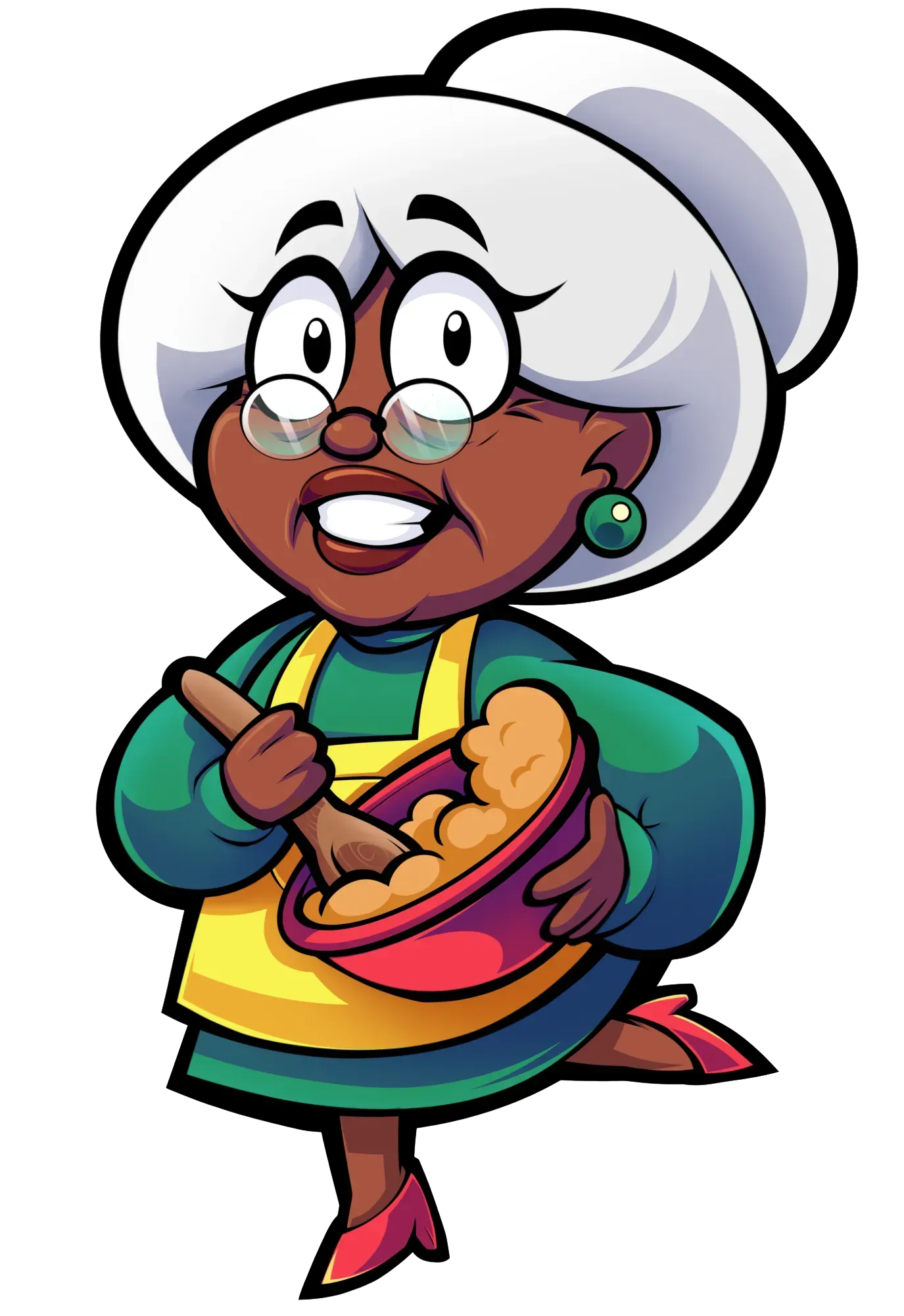 Woman stirring batter in a bowl, wearing an apron, smiling, and holding a wooden spoon.