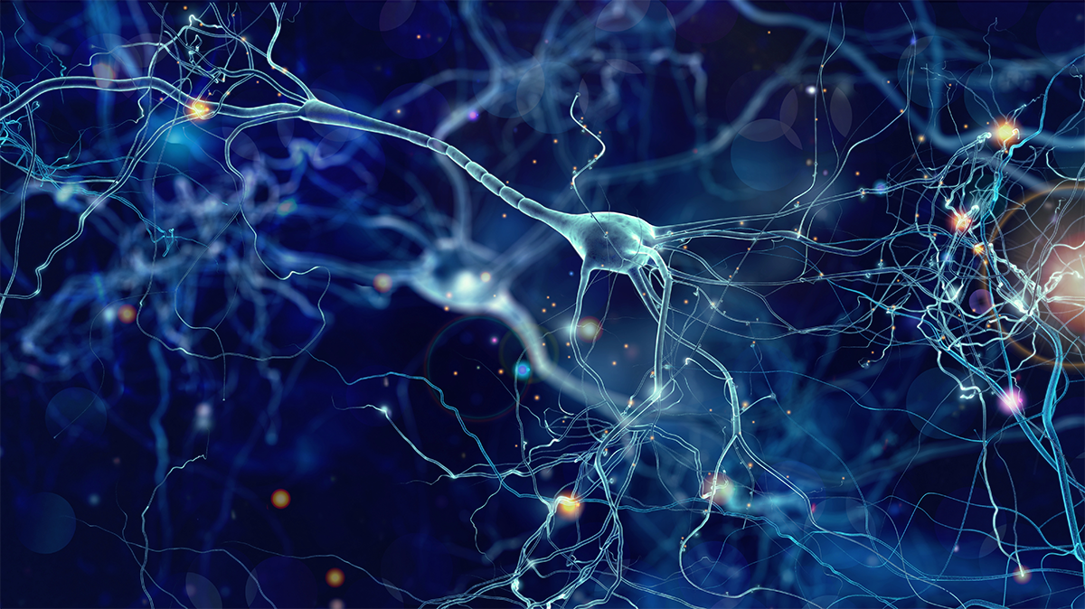 Abstract blue neural network with glowing nodes and connecting lines on a dark background