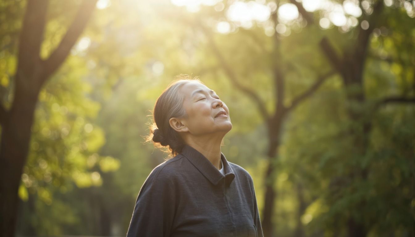 Person looking up in a sunlit forest, surrounded by green trees and warm light.