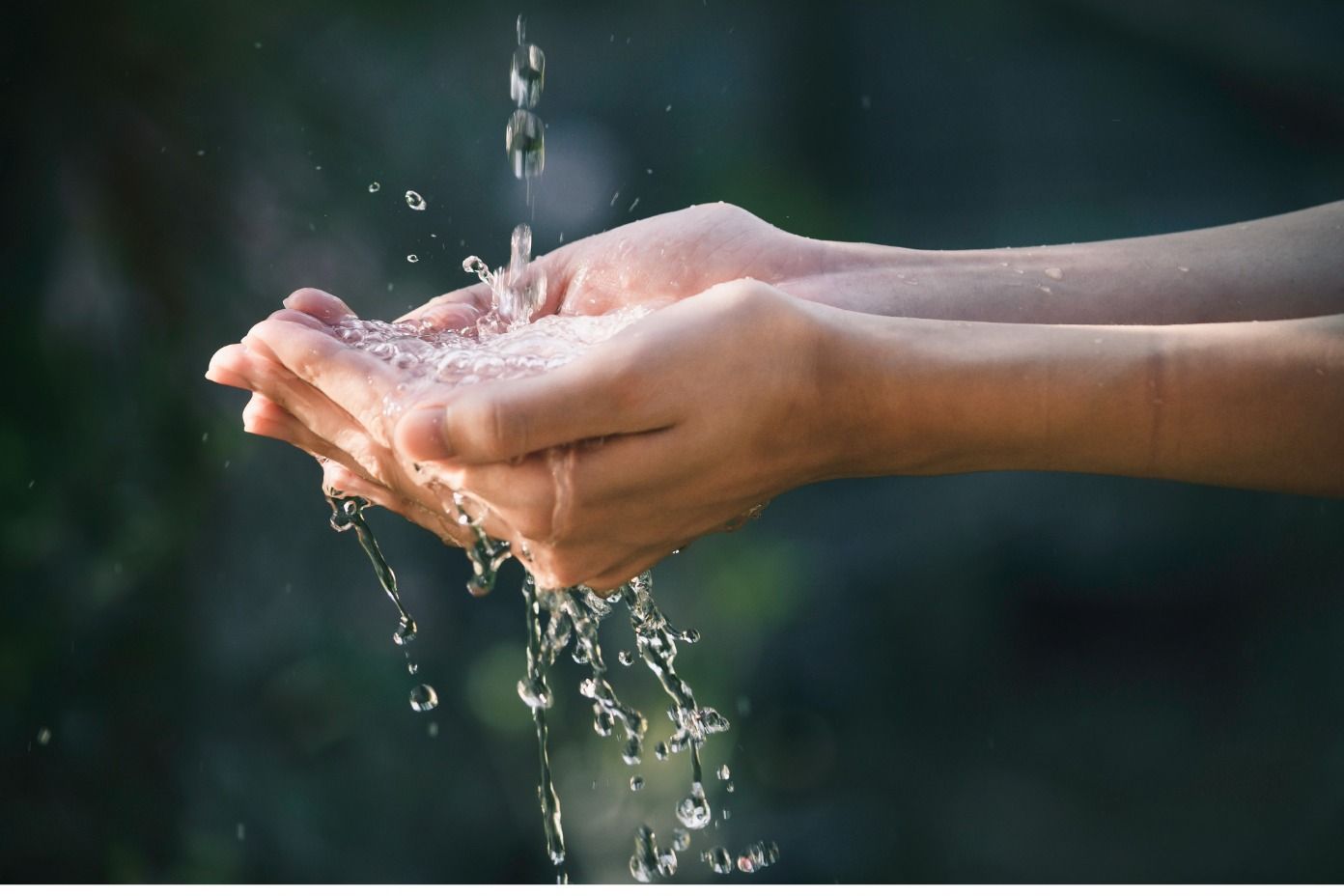 Hands cupped under a stream of water against a dark green background.