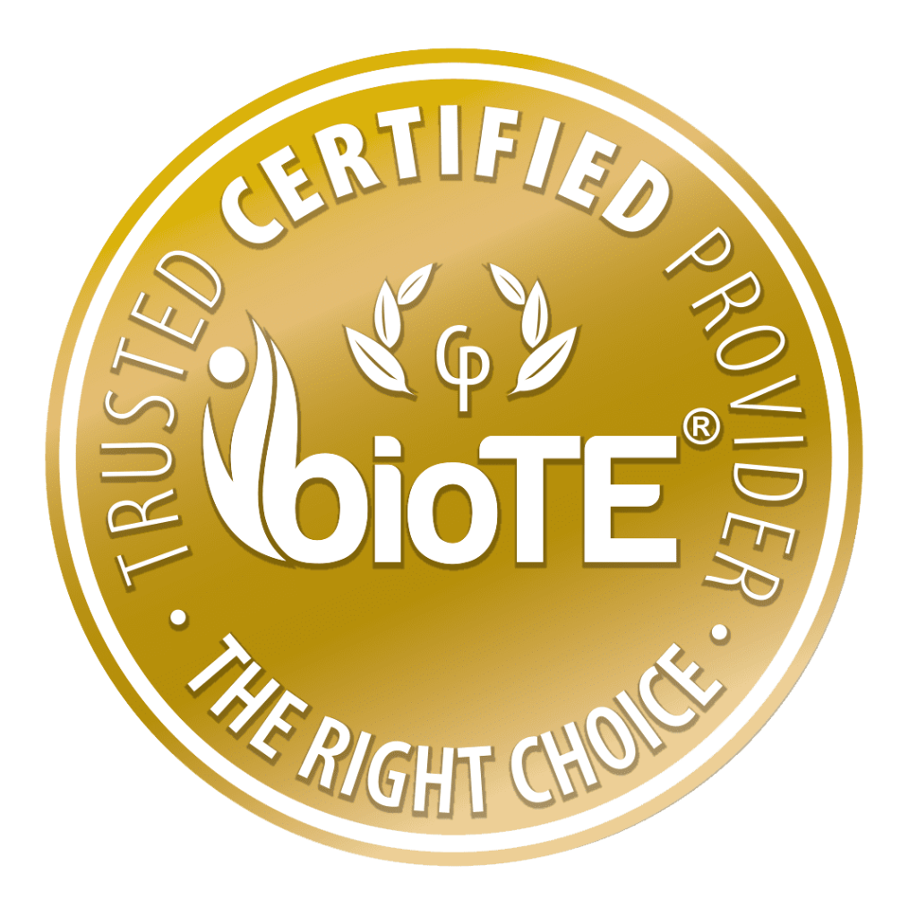 Gold circular bioTE certified provider badge with “TRUSTED CERTIFIED PROVIDER” and “THE RIGHT CHOICE” text