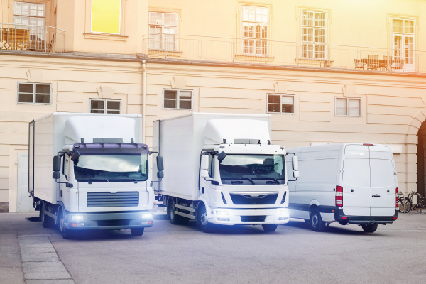 Three white trucks and a white van are parked in front of a building.