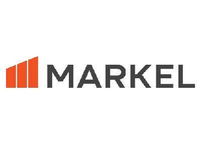 Logo for Markel, with a geometric orange design on the left and the name 