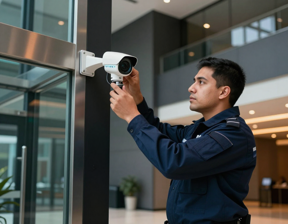 Técnico instalando cámaras de seguridad