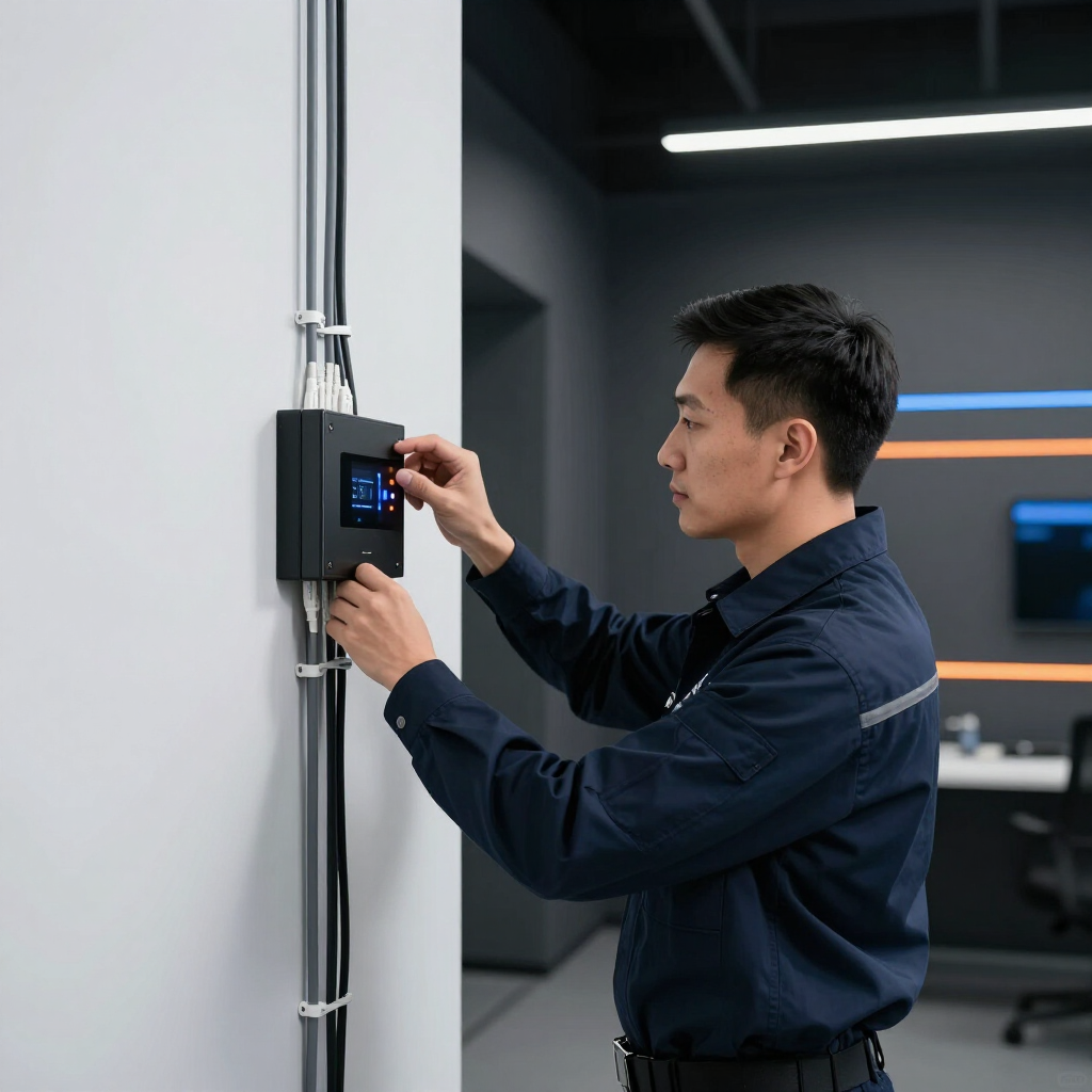 Técnico instalando sistema de alarmas