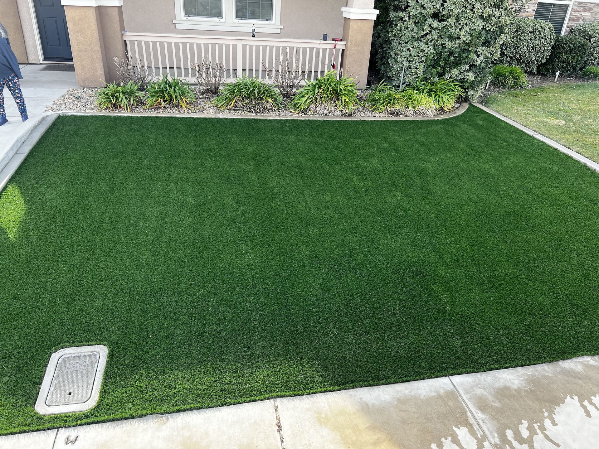 Beautifully renovated residential lawn in Stockton, California with lush green grass, healthy turf, and professional landscaping by Drago Inc.