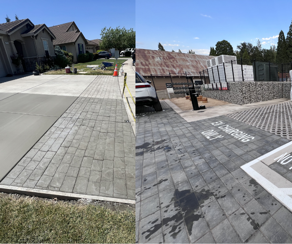Side by side comparison of stamped concrete and pavers for a driveway or patio in Stockton, CA