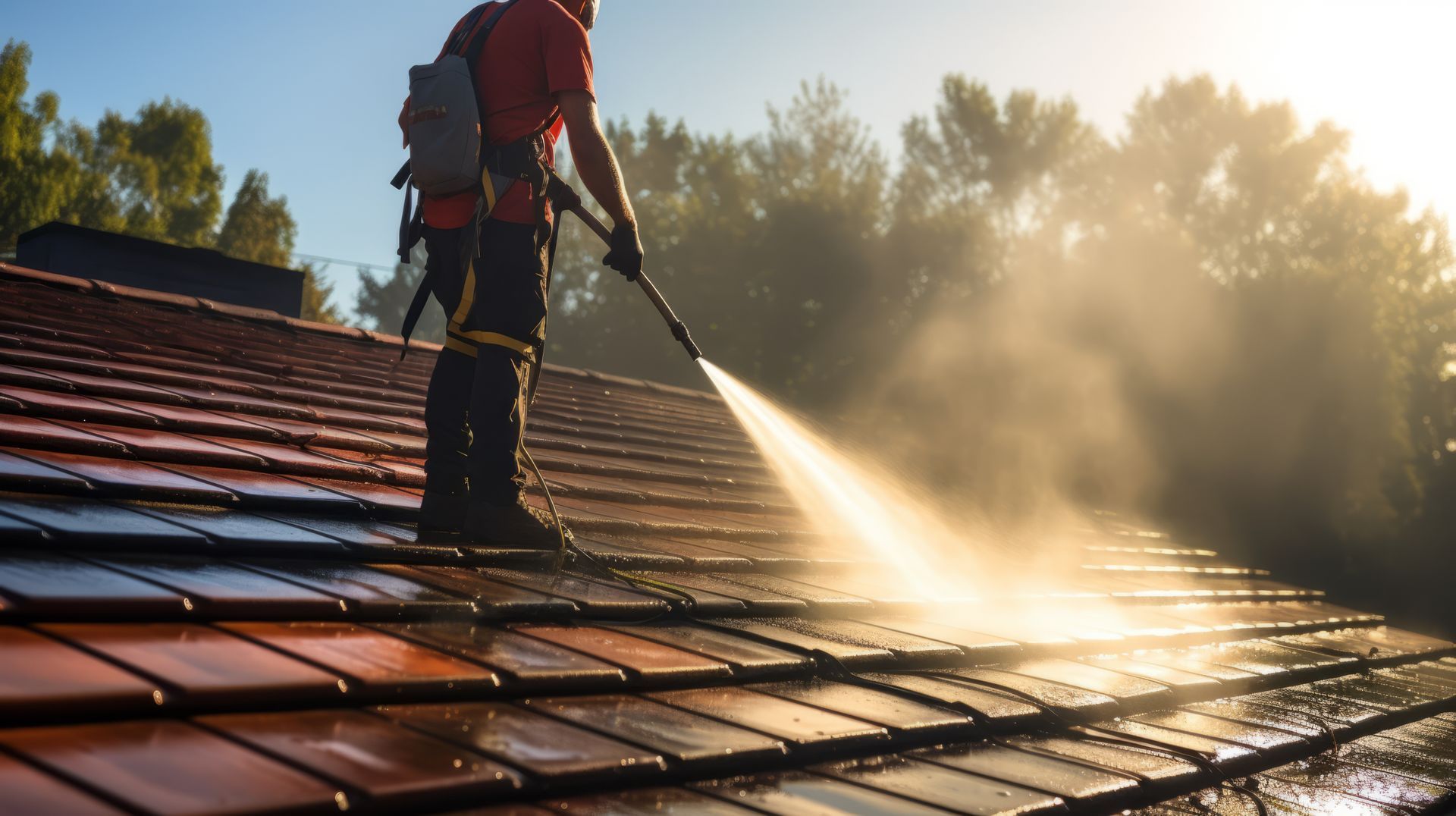 Person in red shirt power washing a brown tiled roof, steam visible in the sun.