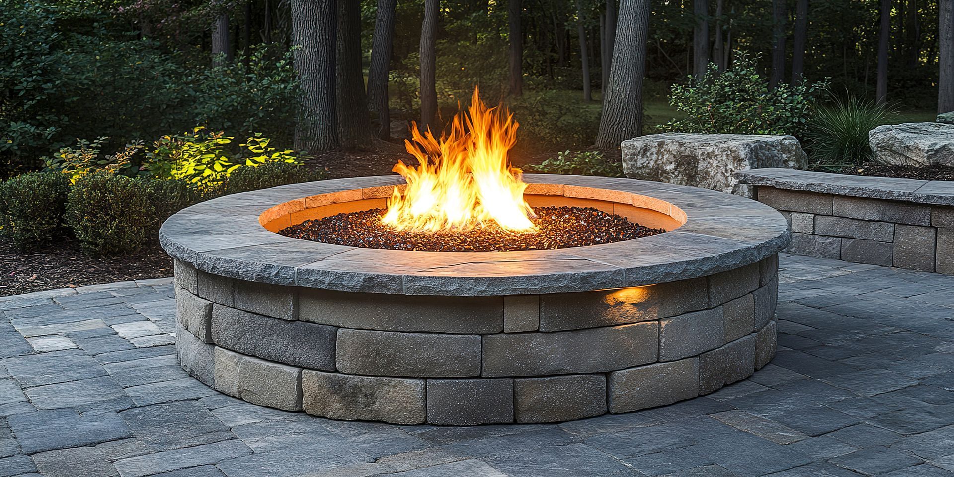 A stone fire pit with a roaring fire, set on a stone patio, surrounded by trees.