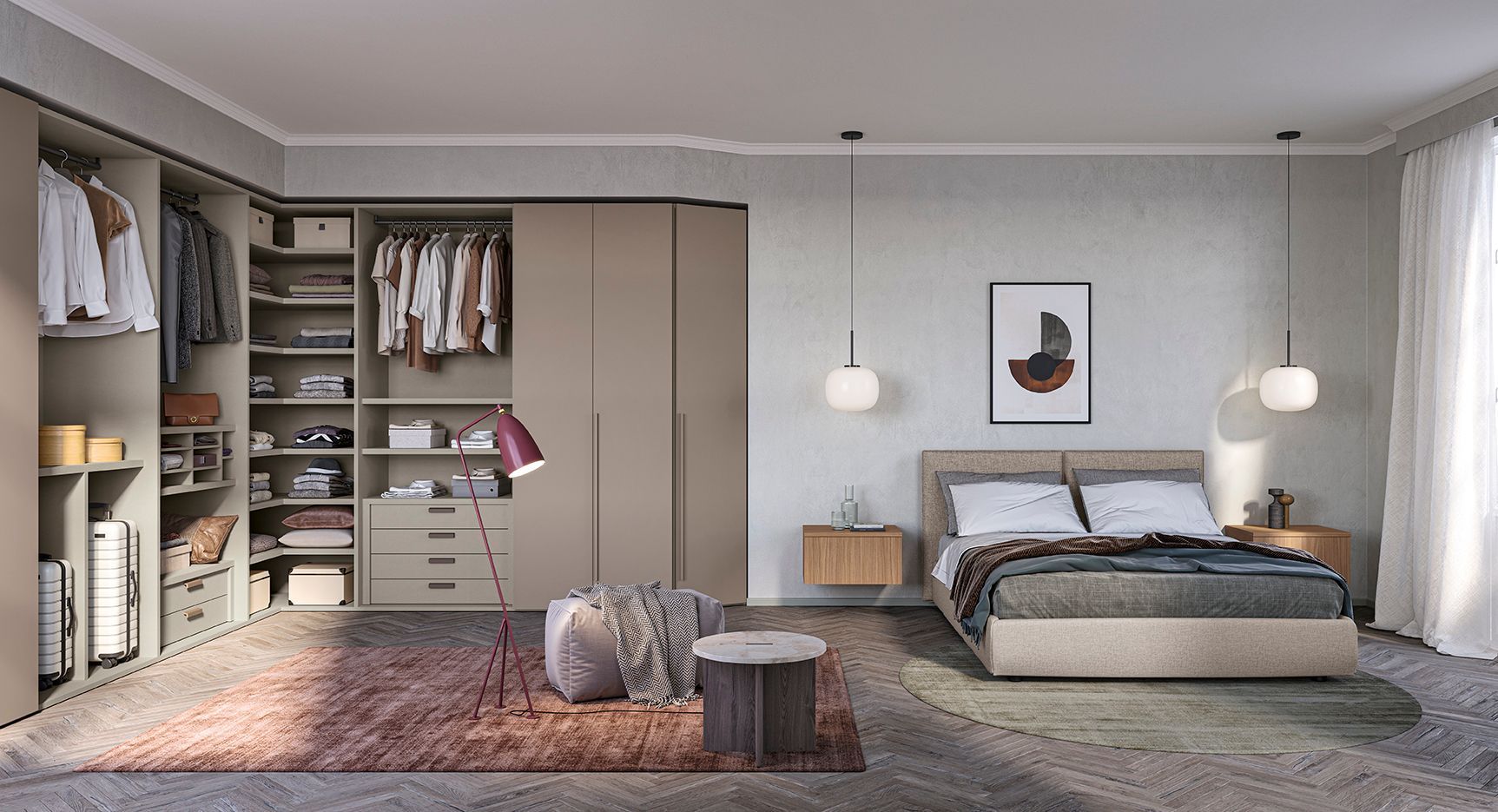 Camera da letto moderna con armadi a vista, pareti beige, letto, tappeto e lampade a sospensione.