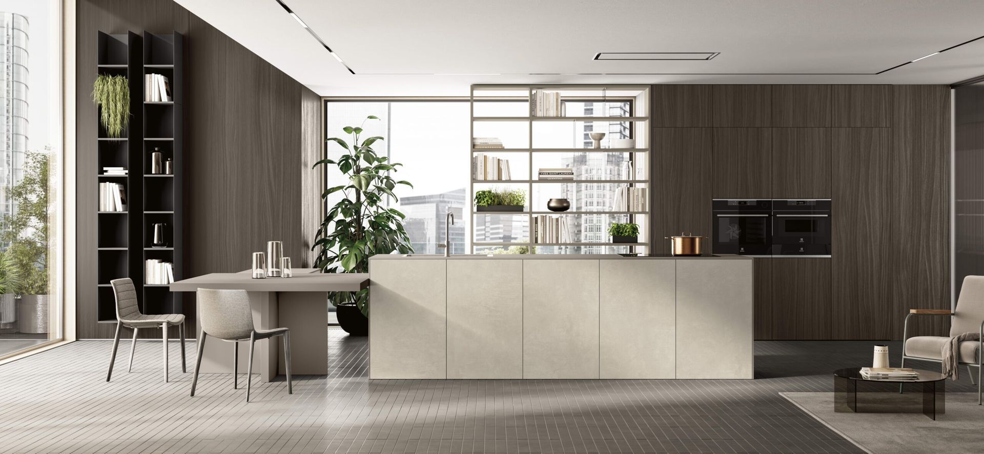 Cucina moderna e minimalista con mobili in legno scuro, un'ampia isola, tavolo da pranzo e piante da interno.
