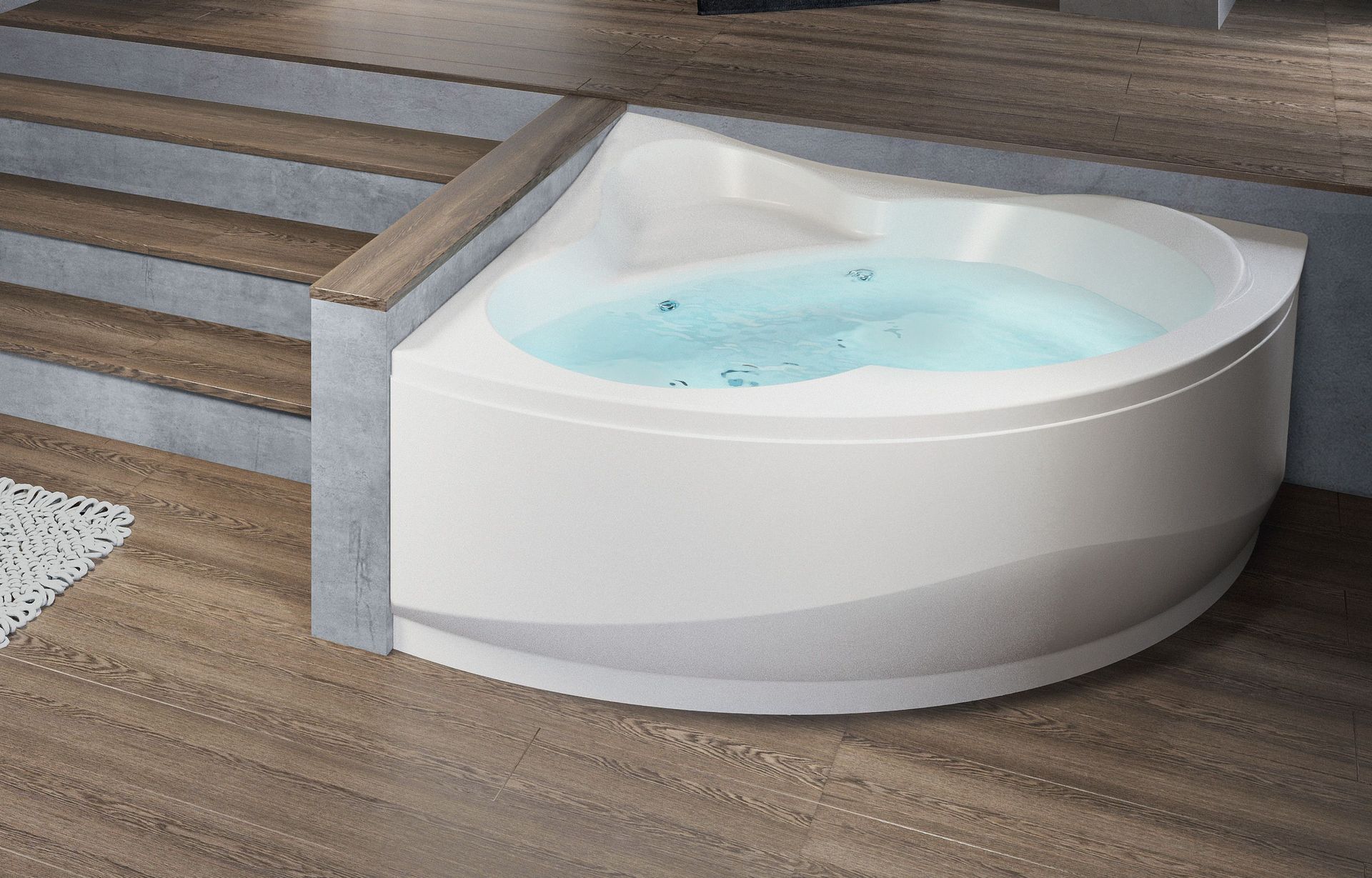 Vasca idromassaggio moderna di colore bianco accanto a scalini in legno su una terrazza.