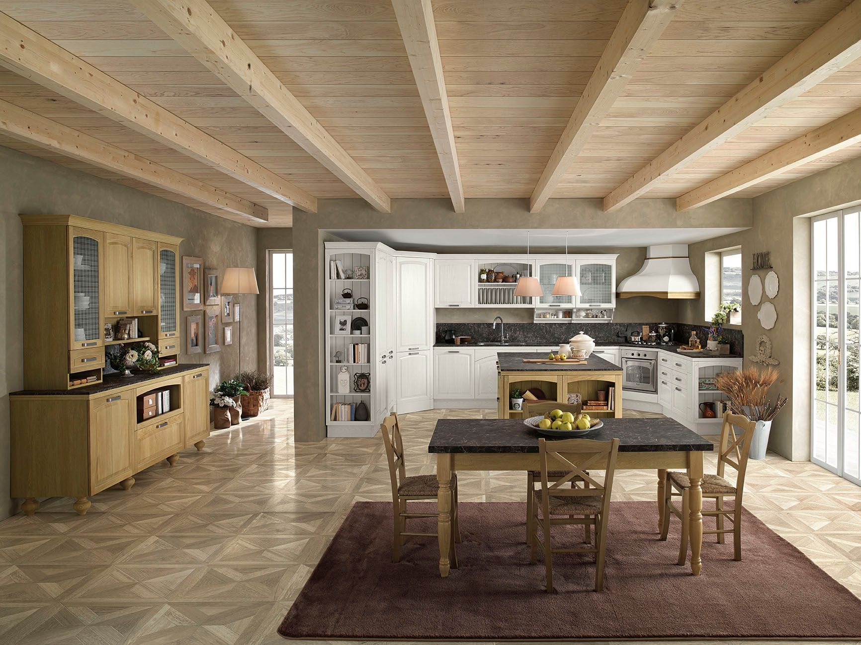 Ampia cucina moderna con zona pranzo, travi in ​​legno chiaro, mobili bianchi e un tavolo centrale su un tappeto.
