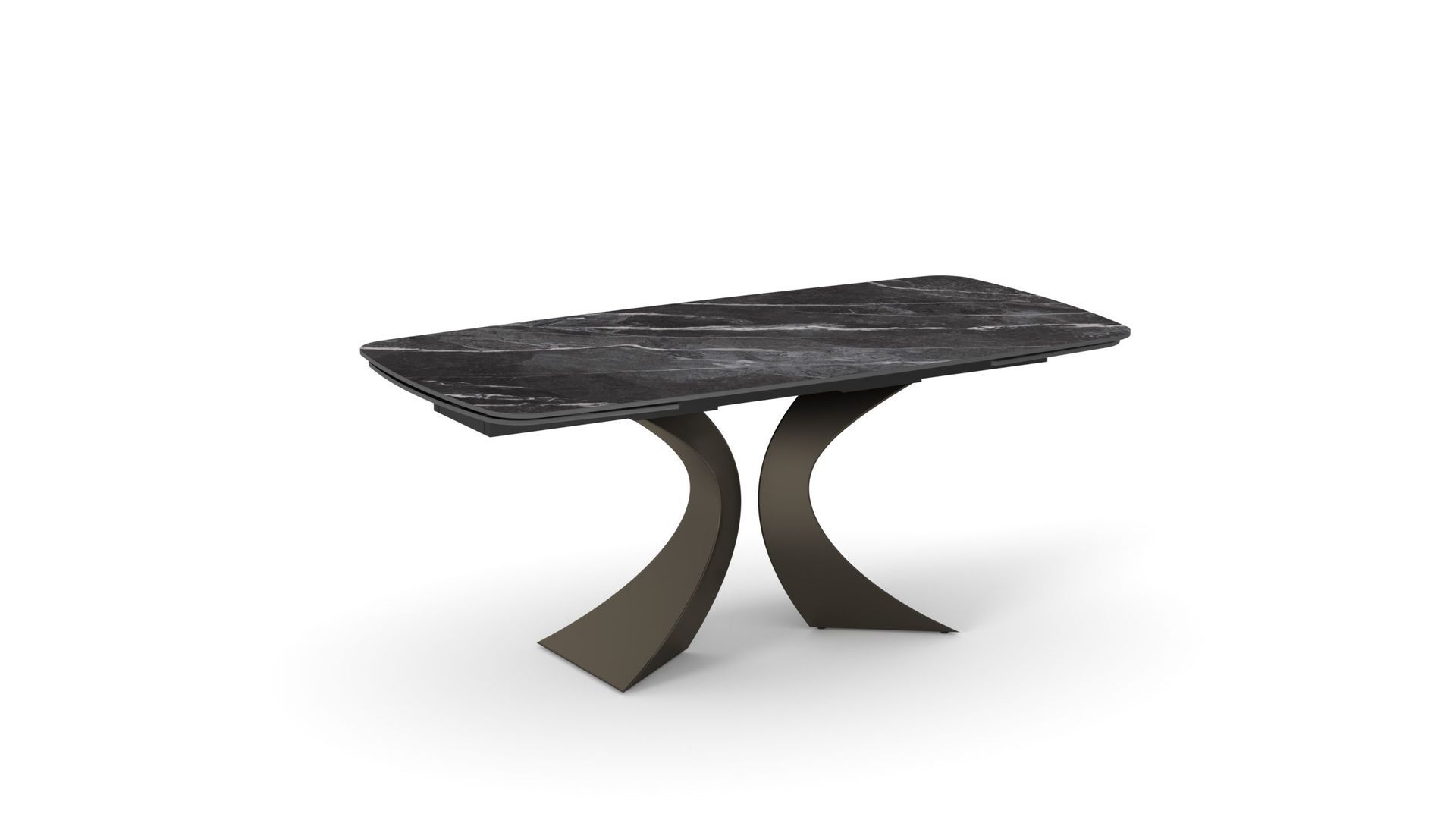 Tavolo da pranzo moderno nero con gambe in metallo curve e scultoree.