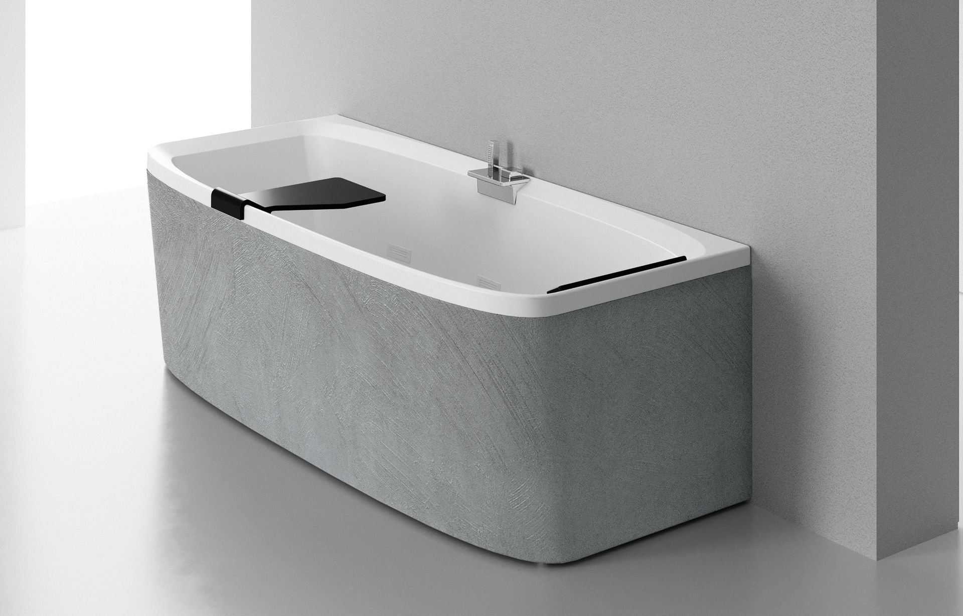Vasca da bagno freestanding moderna, bianca e grigia, in un angolo bagno minimalista.