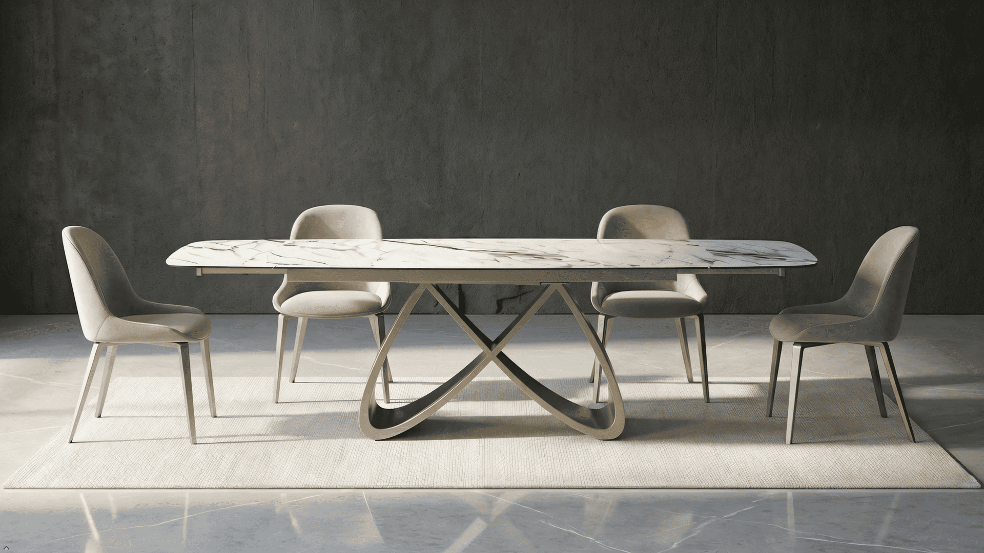 Tavolo da pranzo moderno con sei sedie in una stanza minimalista con pareti e pavimento grigi.