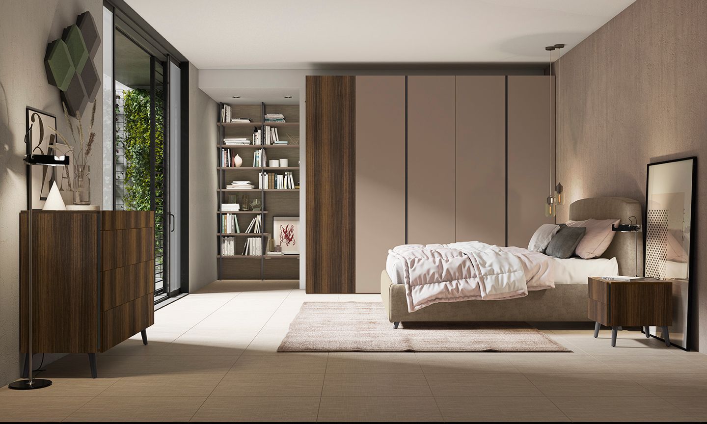Camera da letto moderna e minimalista con letto, armadio, scaffali e ampie finestre in tonalità neutre.