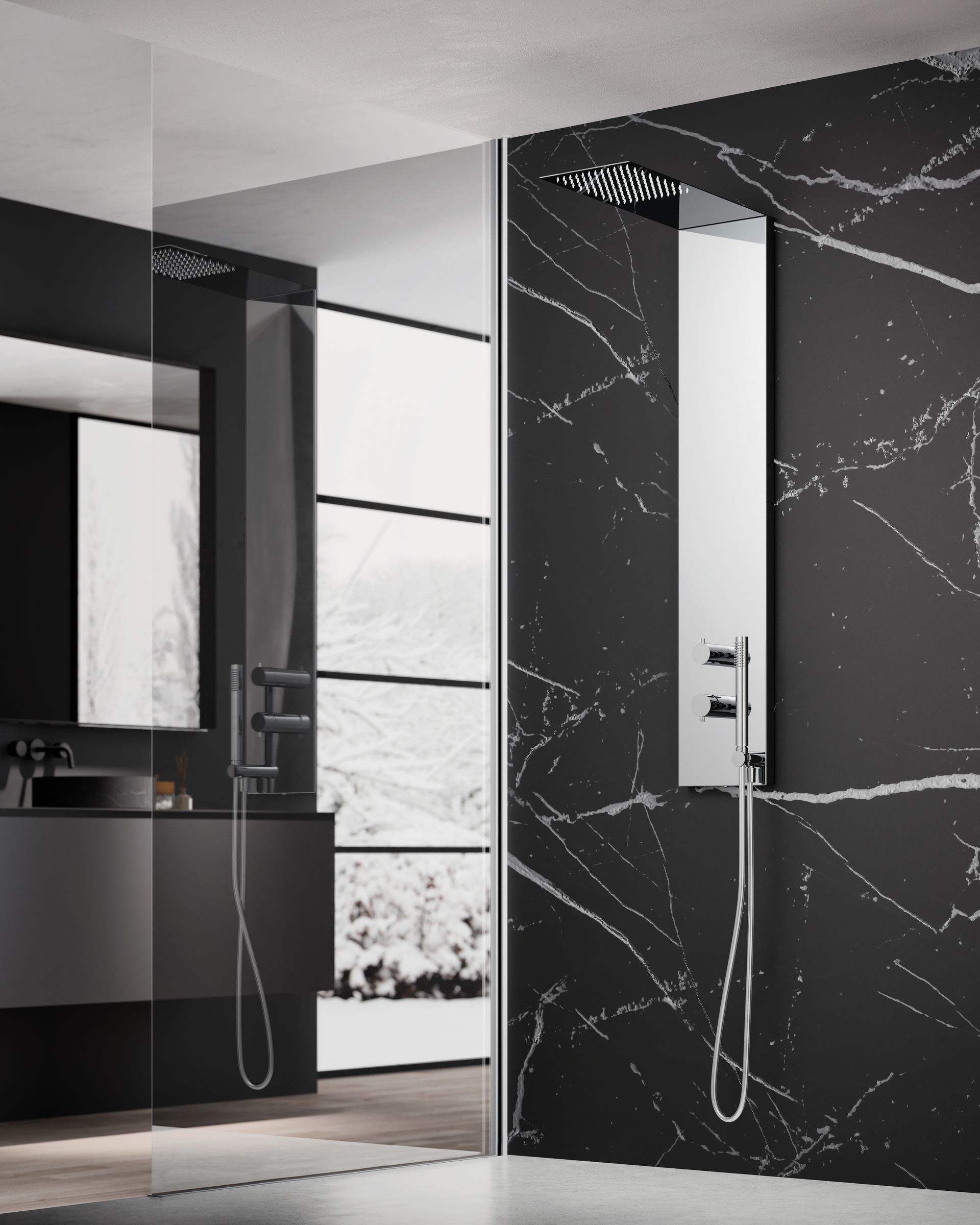 Bagno moderno in bianco e nero con doccia, mobile lavabo e pareti con motivo effetto marmo.