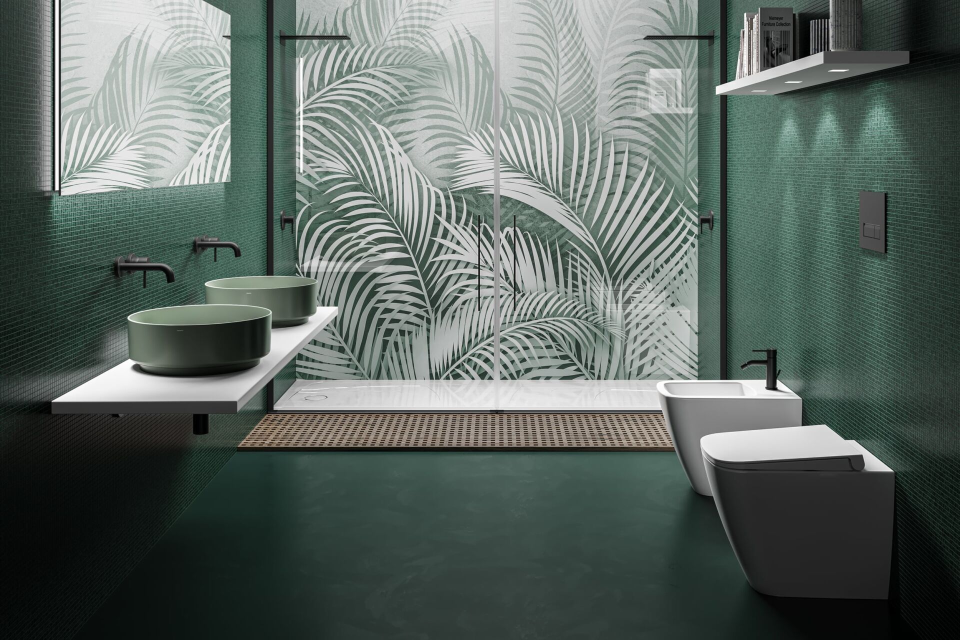 Bagno moderno con piastrelle verdi, parete con motivo a palme, lavabo sospeso, vasca e WC.