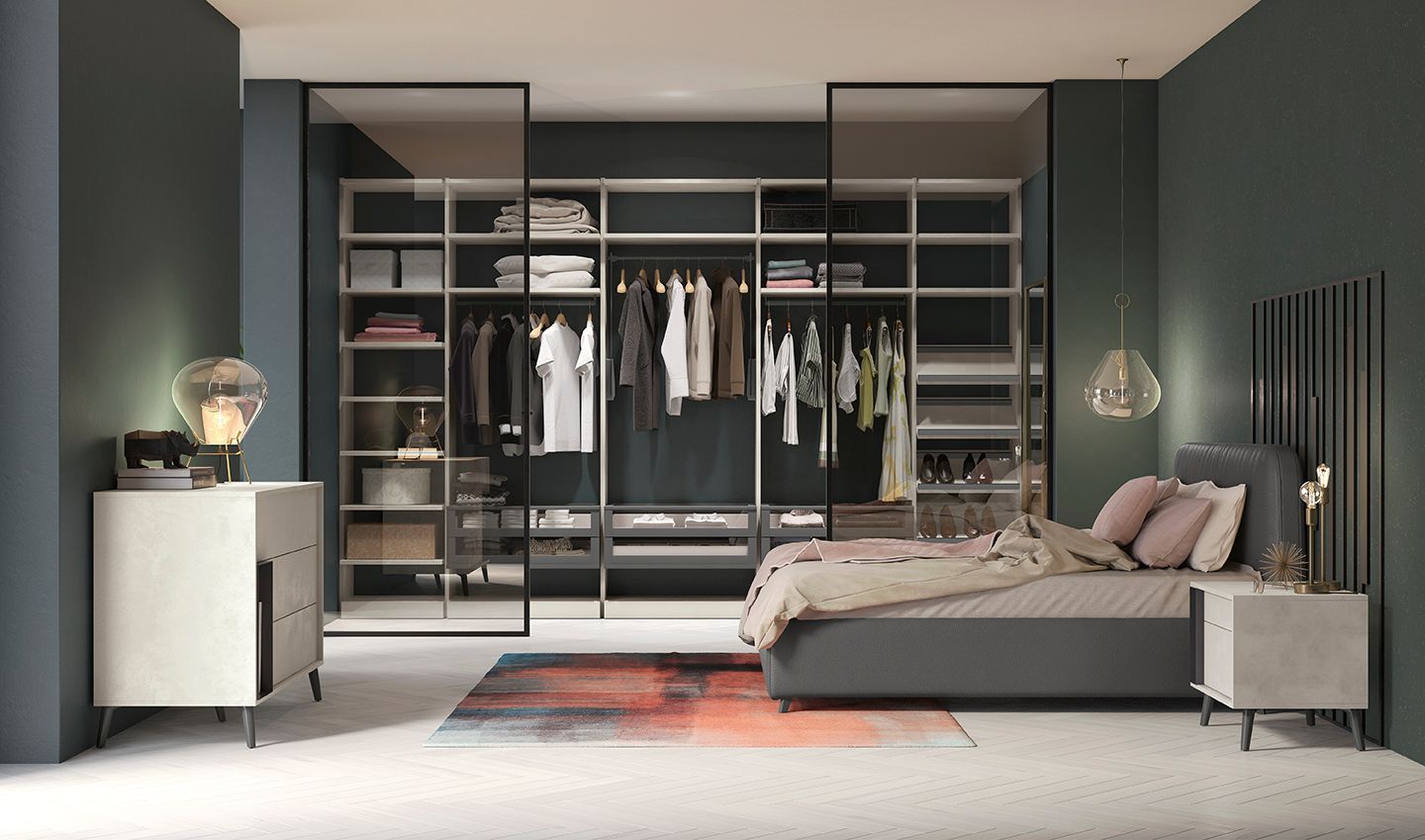 Camera da letto moderna con armadio a vista, letto grigio e arredamento minimalista in tonalità tenui.
