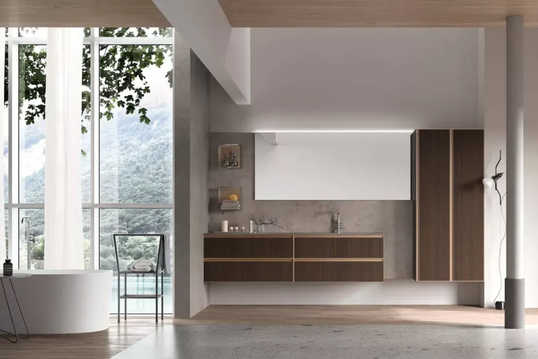 Interni moderni e minimalisti con isola in cucina, ampie finestre e vista dal balcone.
