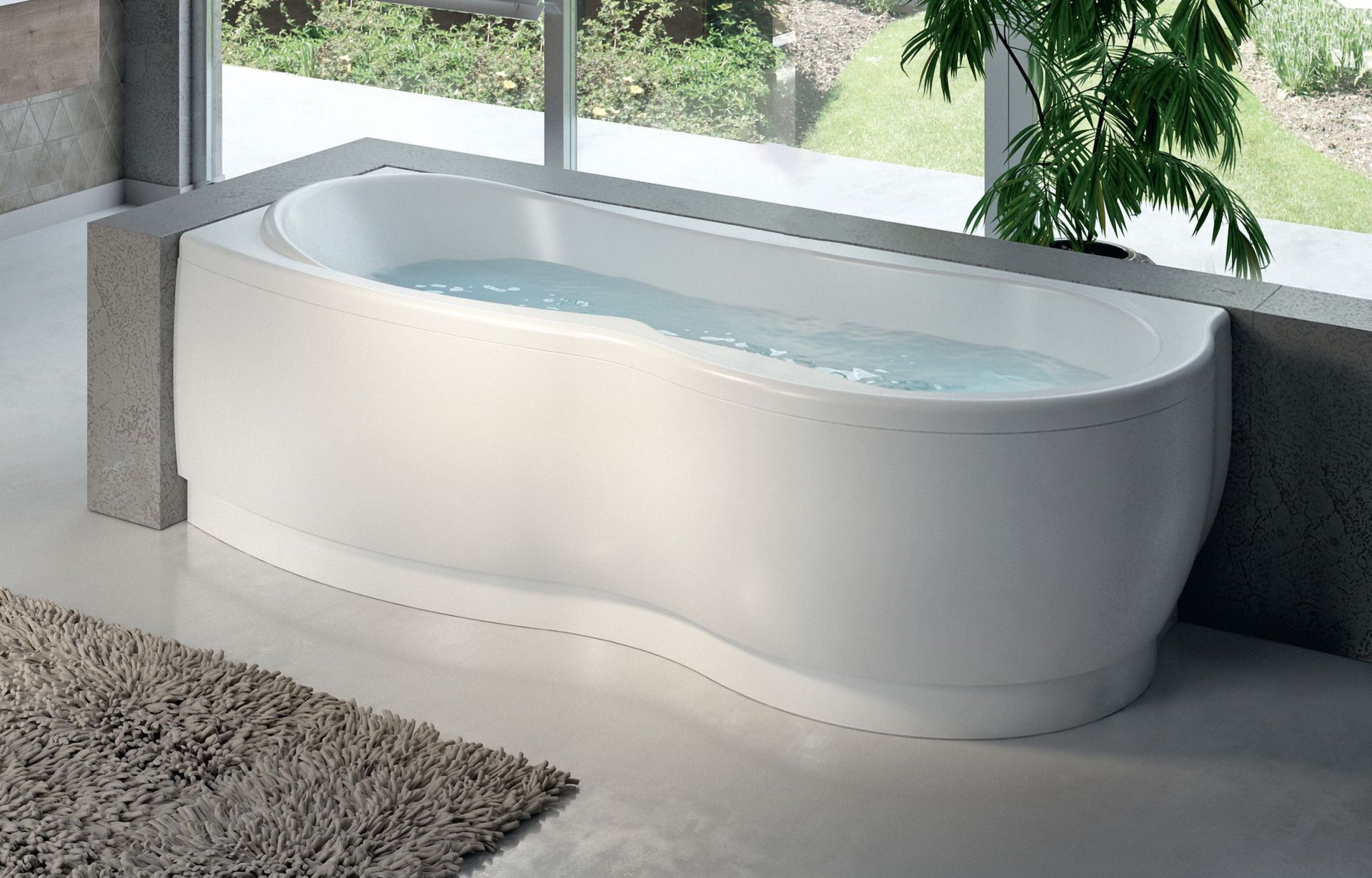 Vasca da bagno moderna bianca freestanding posizionata accanto a una finestra in un bagno luminoso.