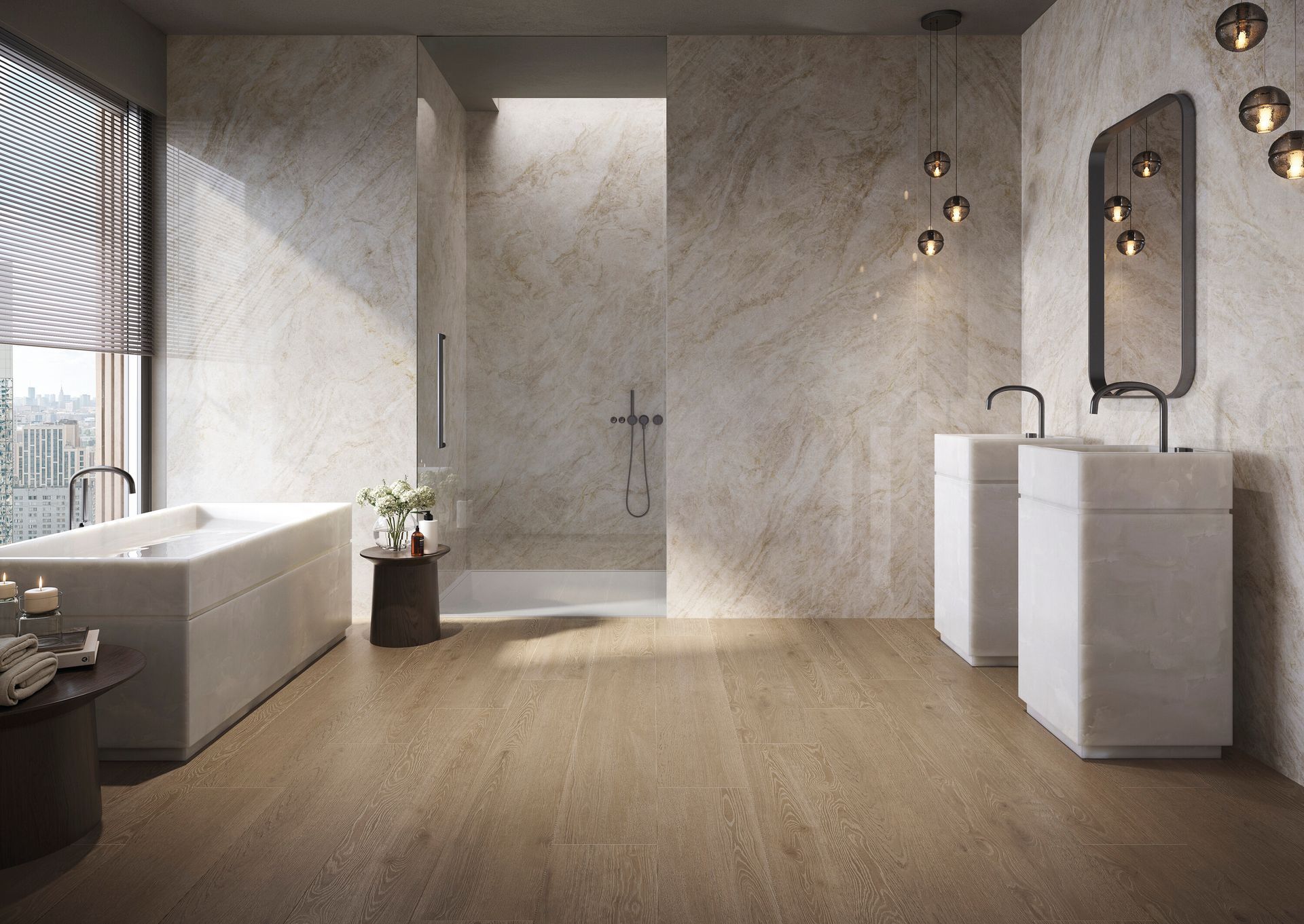Bagno moderno e minimalista con pareti in pietra, pavimento in legno, vasca da bagno, doccia e mobile lavabo bianco.