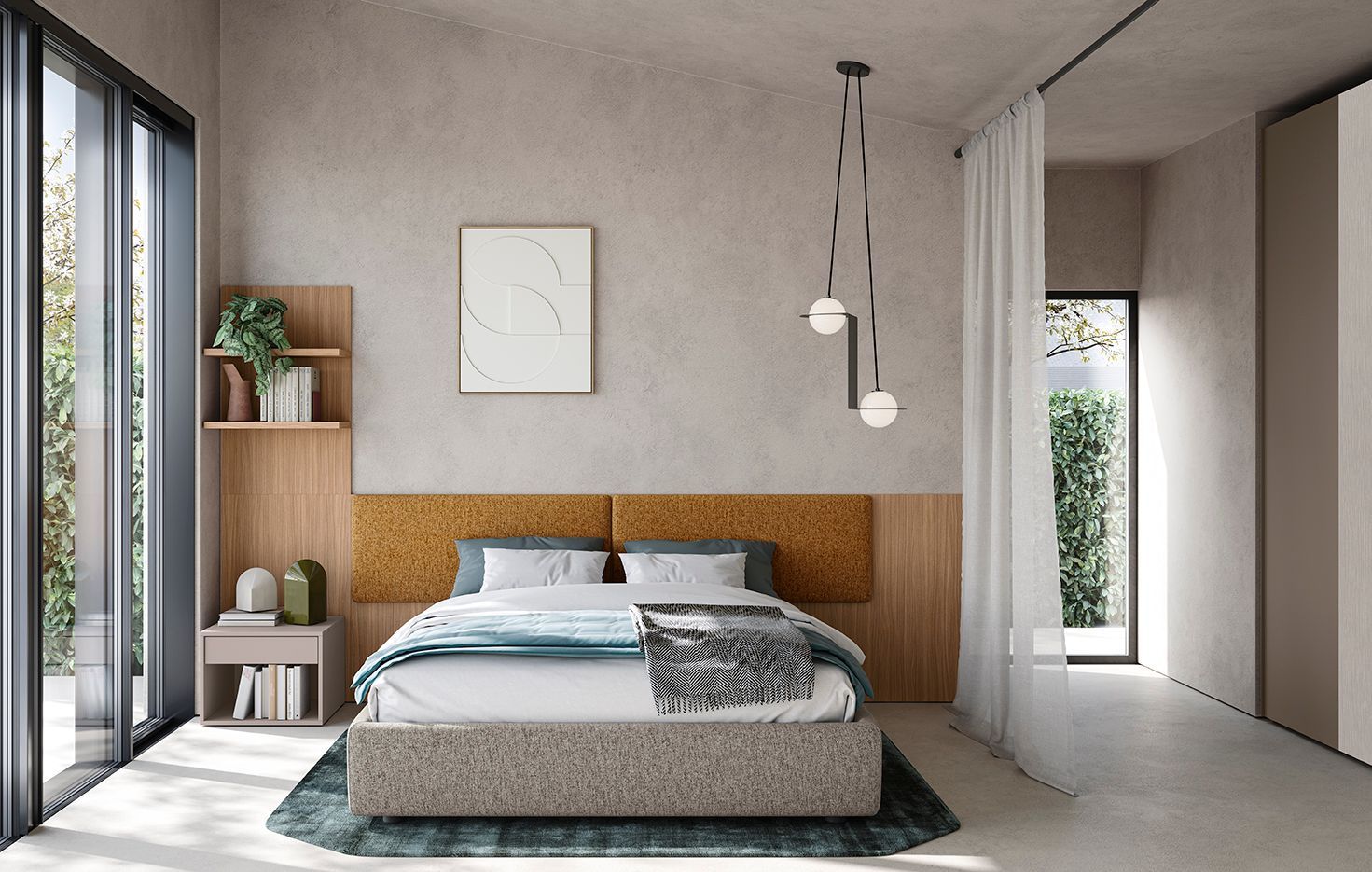 Camera da letto moderna e minimalista con letto, testiera in legno, lampade a sospensione e finestre a tutta altezza.
