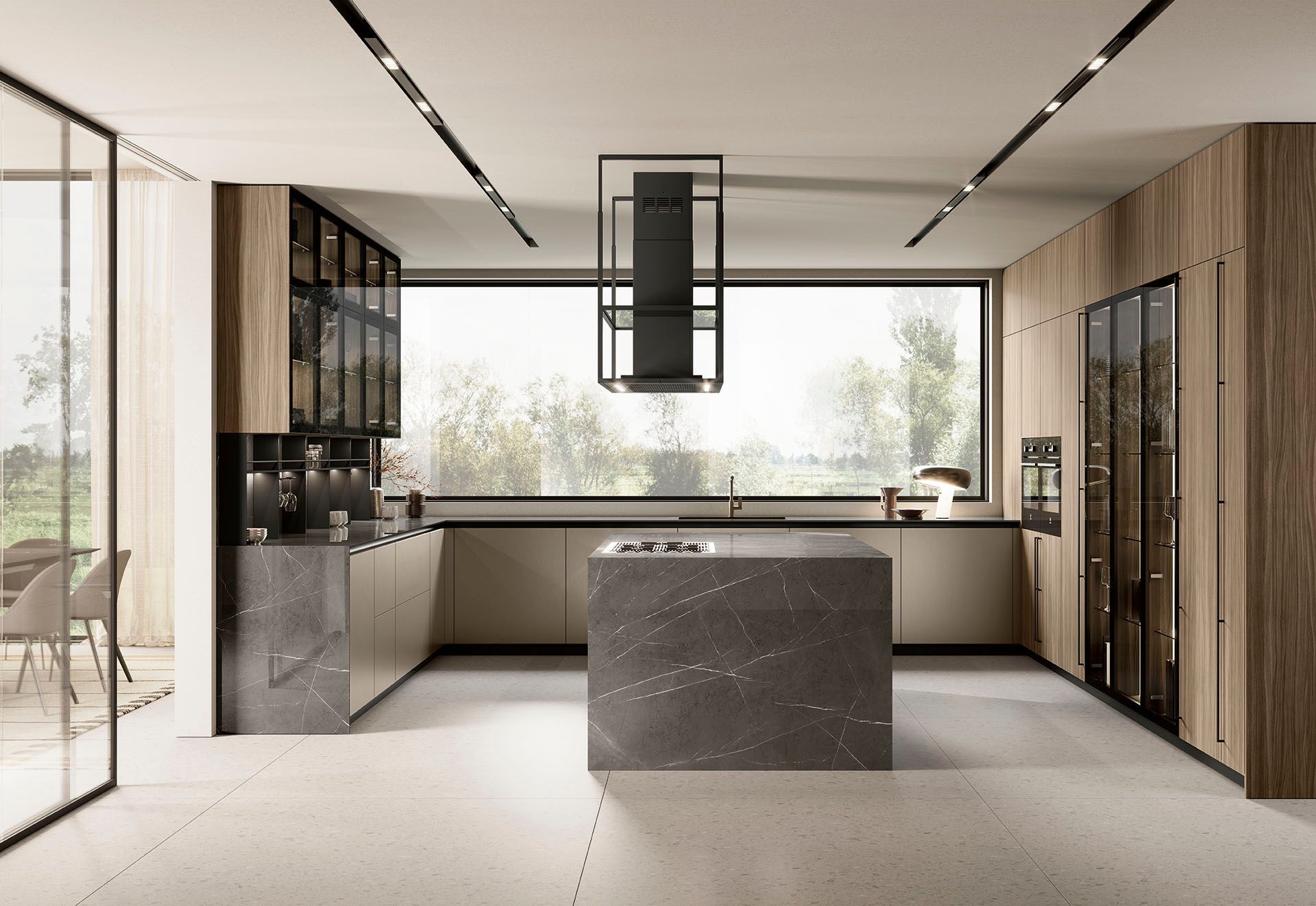 Cucina moderna e minimalista con mobili in legno, isola centrale e ampie finestre.