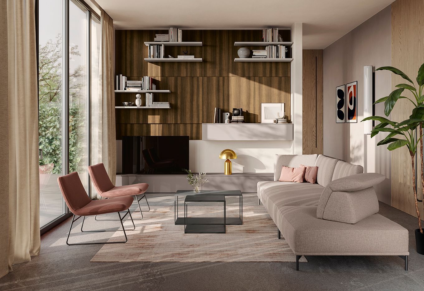 Soggiorno moderno con mobili dai colori neutri, mensole in legno, ampie finestre e un divano grigio.
