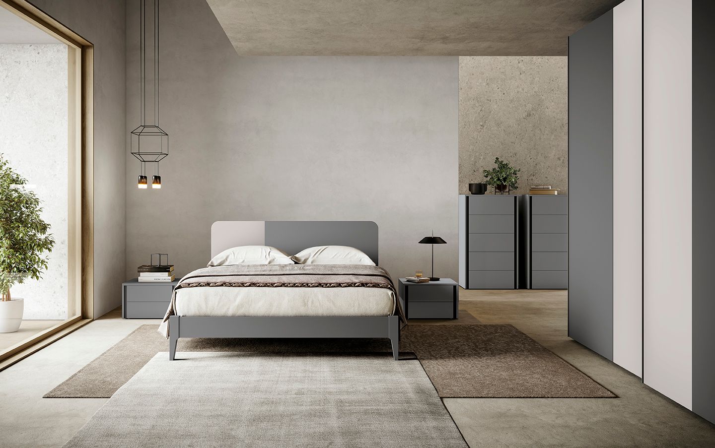 Camera da letto moderna e minimalista con letto, tonalità neutre, ampie finestre e luce naturale soffusa.