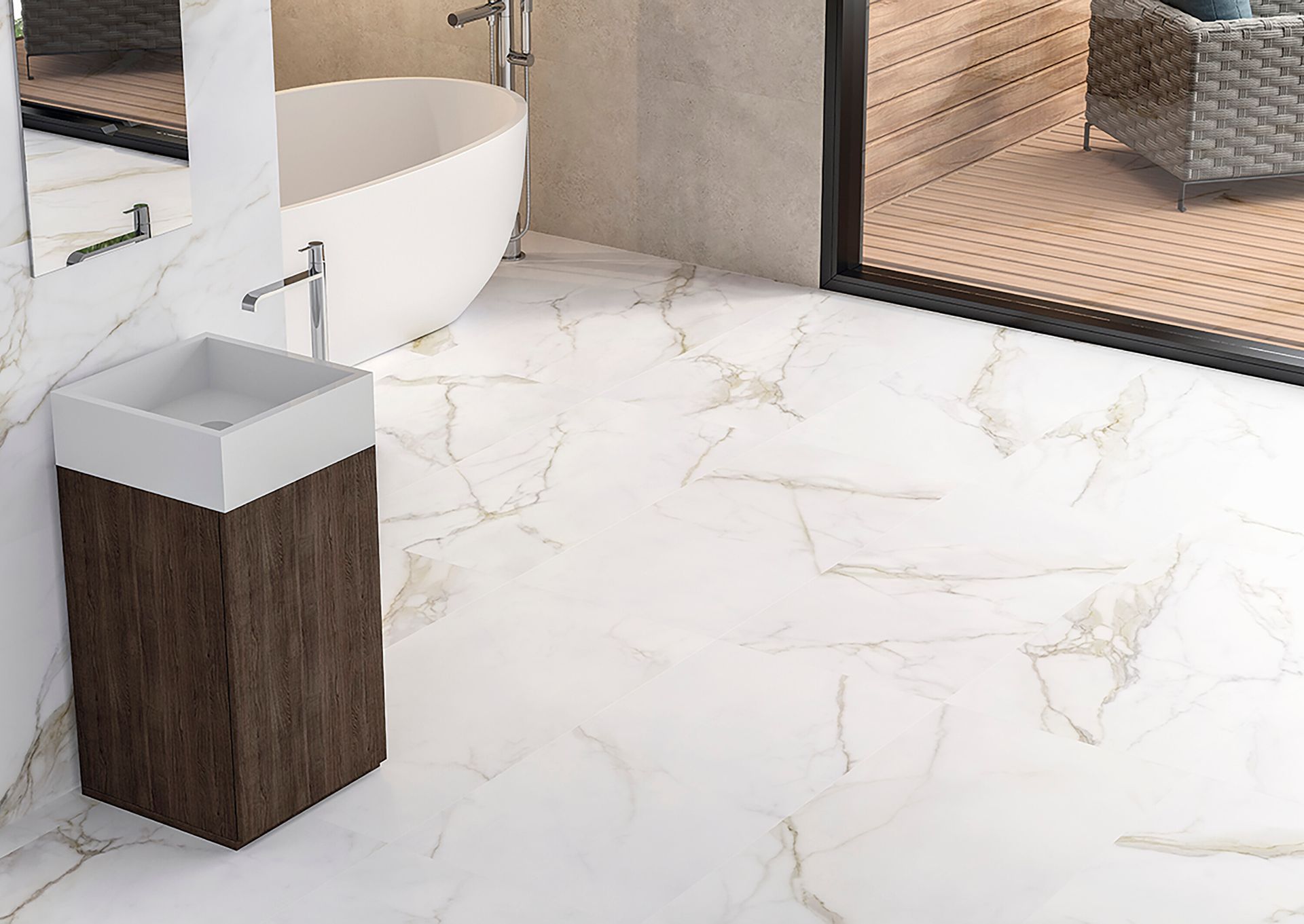 Bagno moderno con pavimento in marmo bianco, vasca freestanding e lavabo con mobiletto in legno.