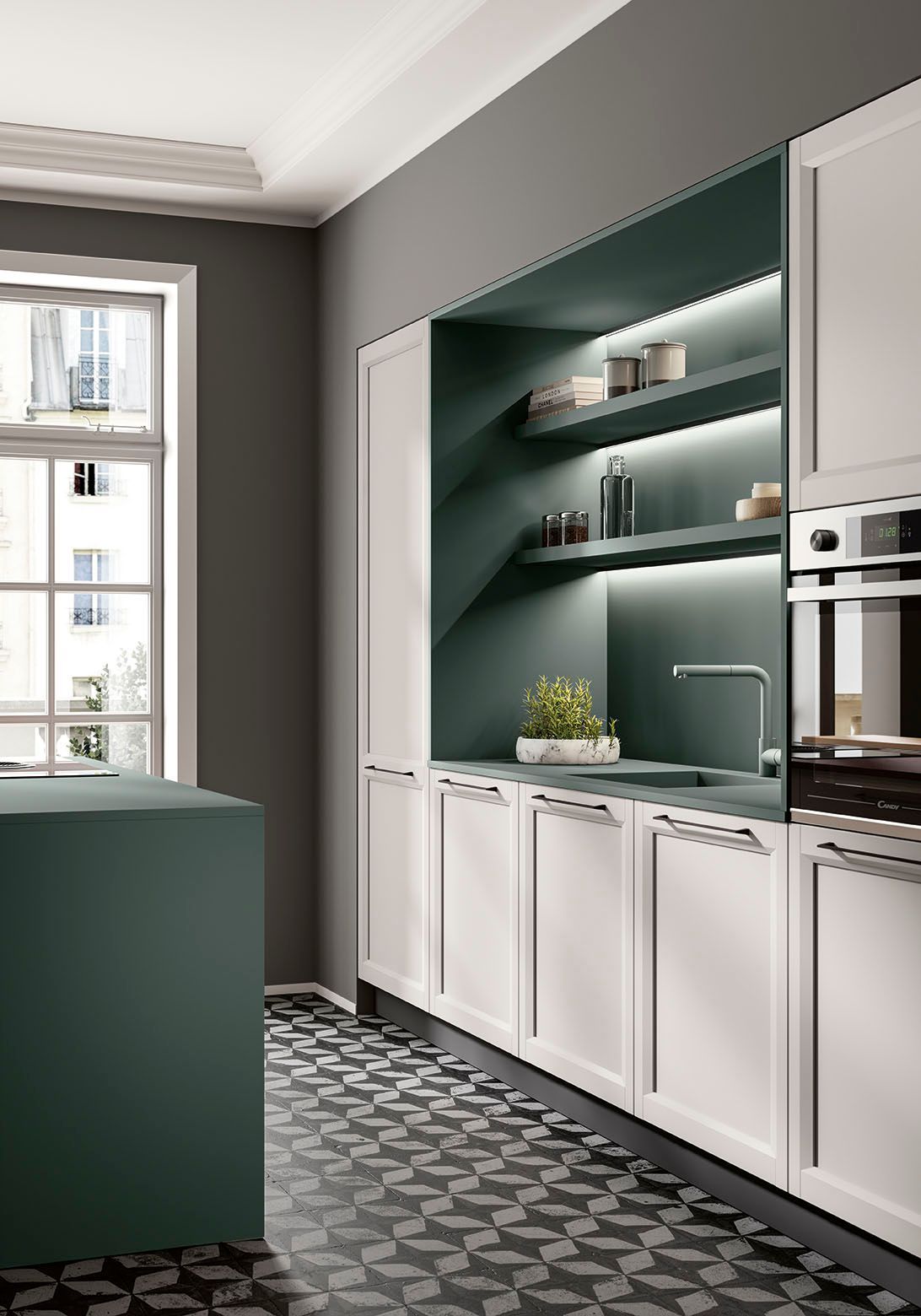 Cucina moderna con nicchia verde scuro, mobili bianchi, mensole a vista e pavimento decorato vicino a una finestra.