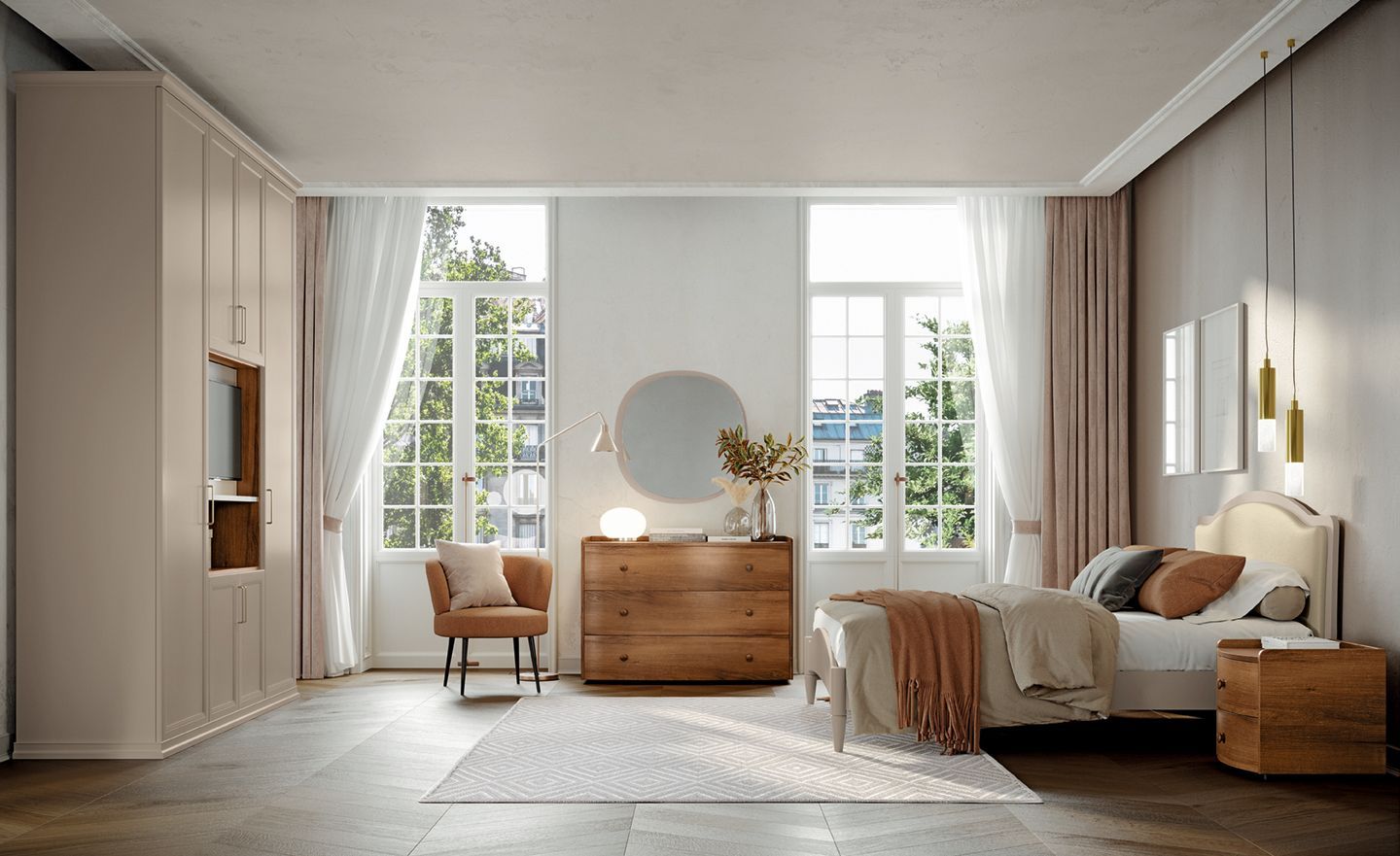 Camera da letto luminosa e minimalista con pareti beige, ampie finestre, letto, comò, sedia e specchio a parete.
