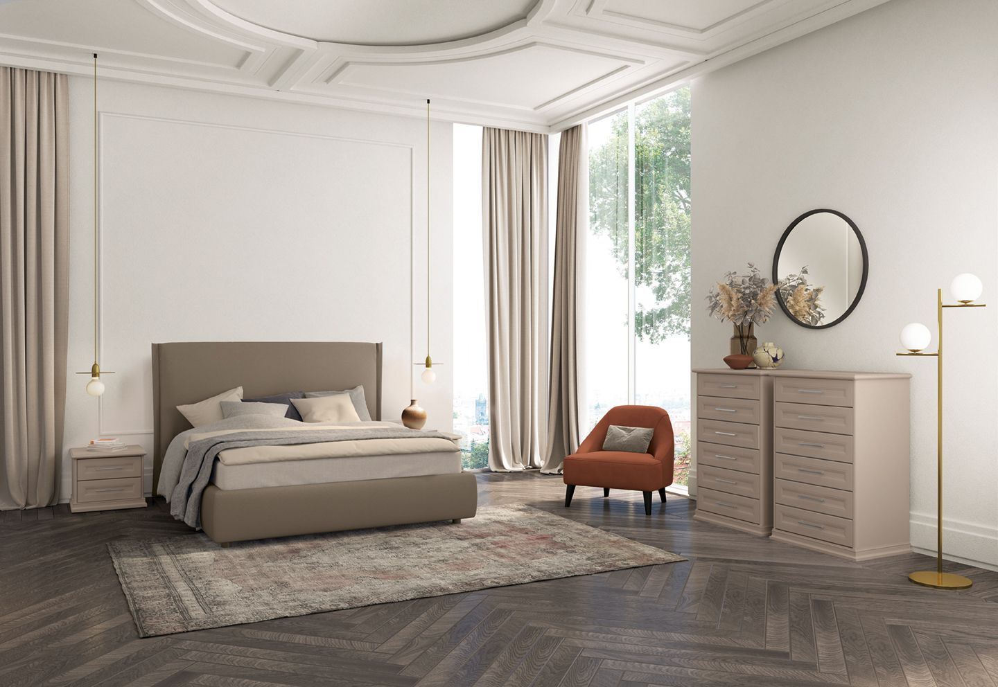 Elegante camera da letto con letto beige, tappeto a motivi geometrici, sedia arancione, comò e finestre alte.