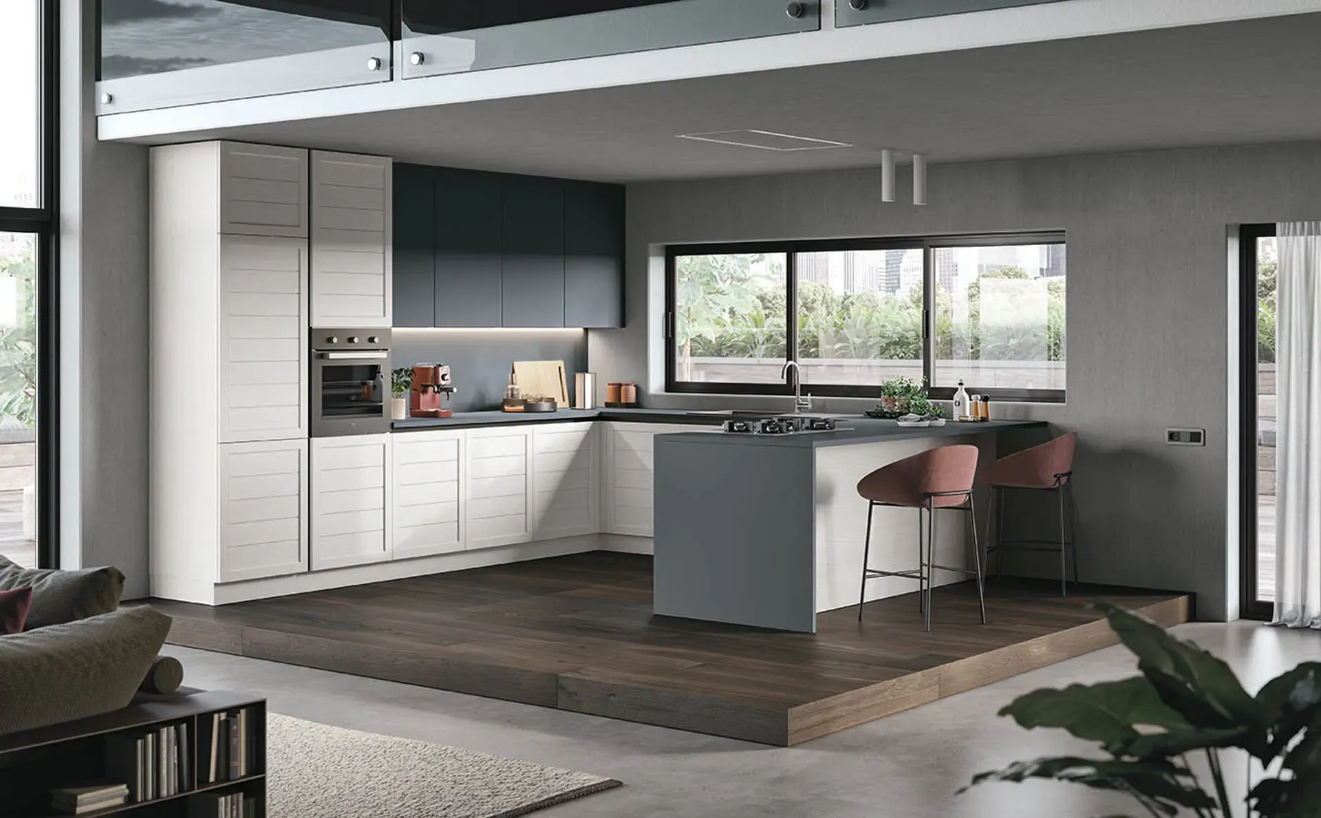 Cucina moderna con mobili bianchi, isola scura e sgabelli rosa accanto a una finestra luminosa.