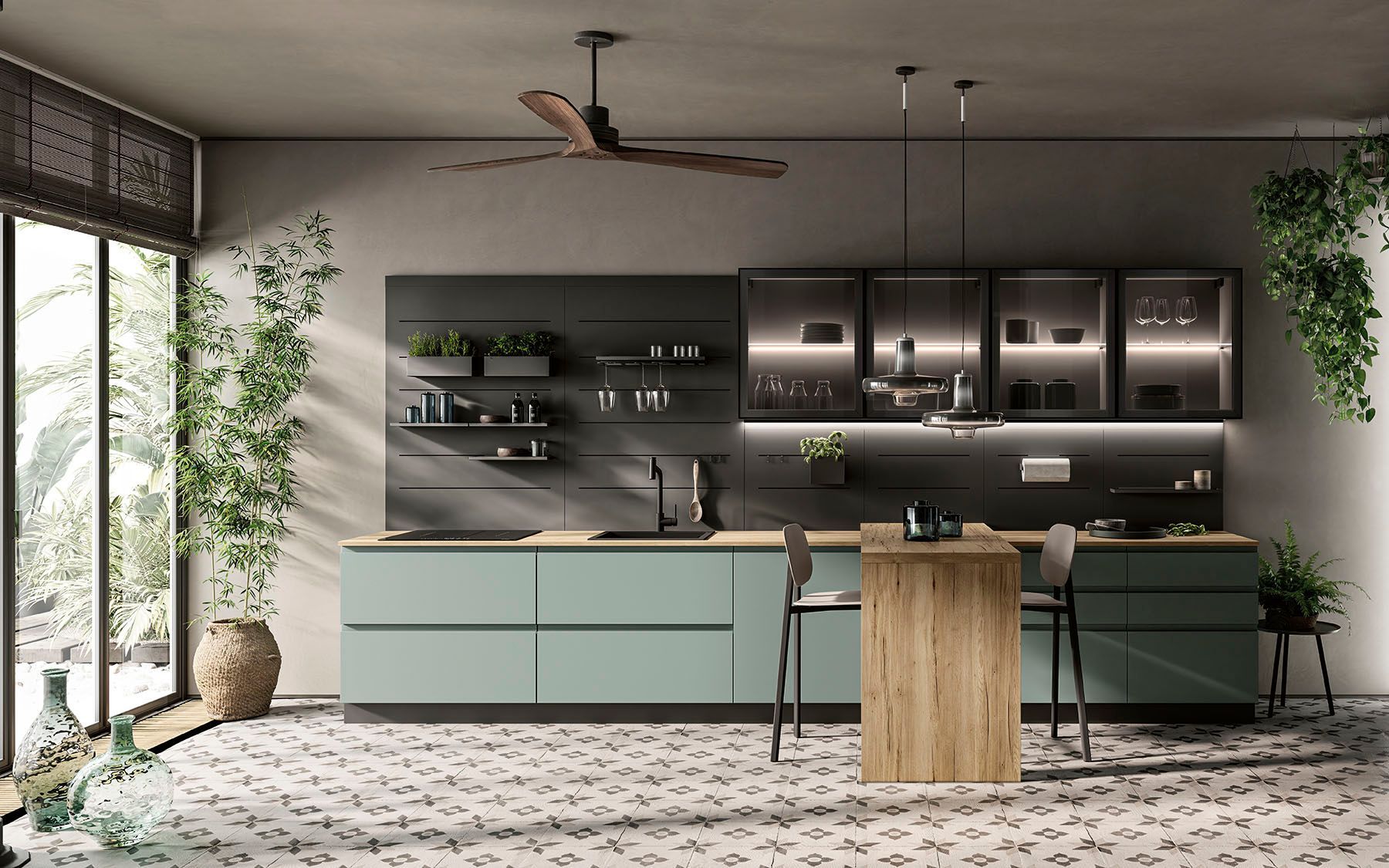 Cucina moderna con mobili scuri, mensole a vista e isola centrale in una stanza luminosa con piante.