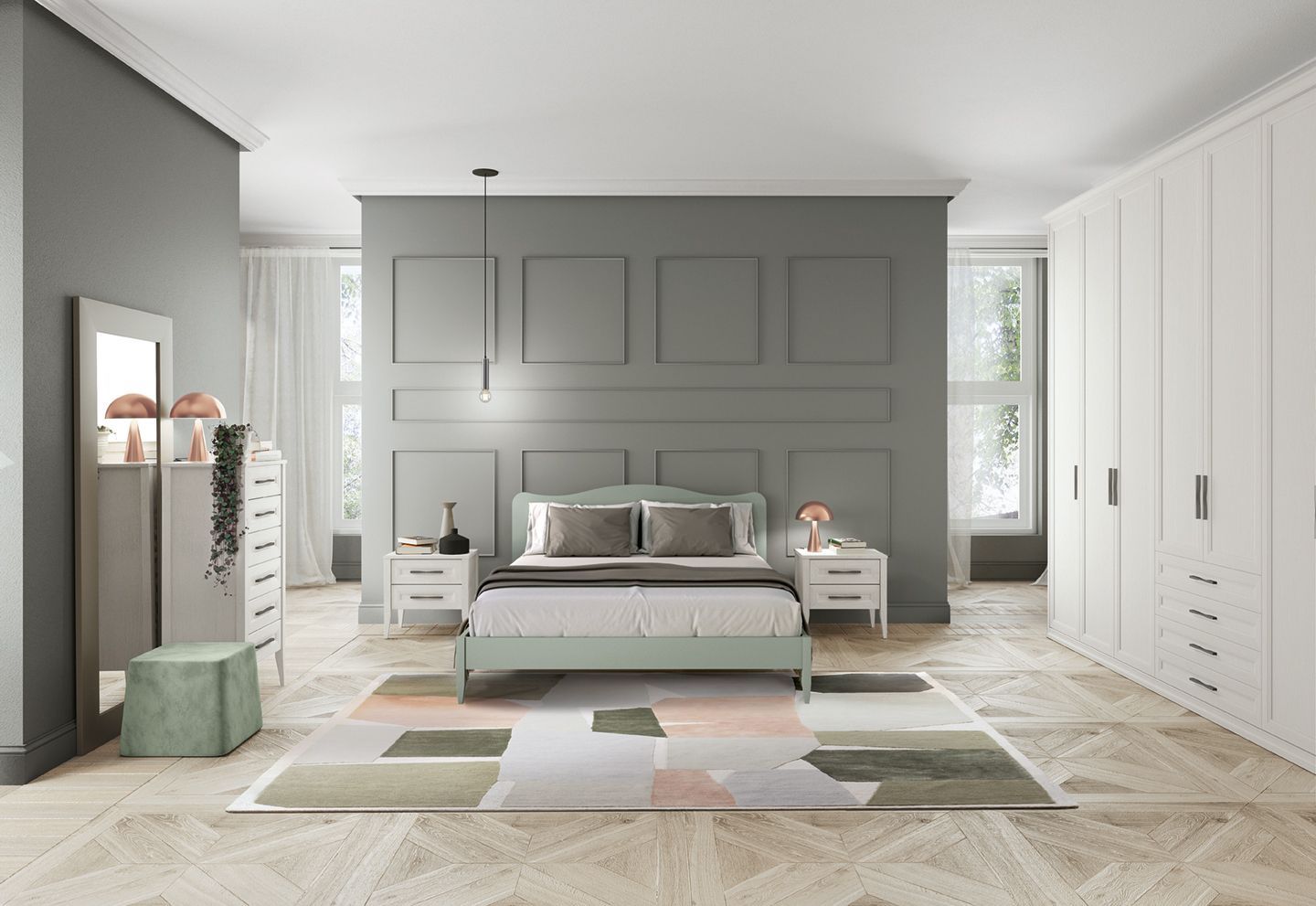 Camera da letto moderna grigia con letto, tappeto a motivi geometrici, finestre alte e armadi a muro bianchi.
