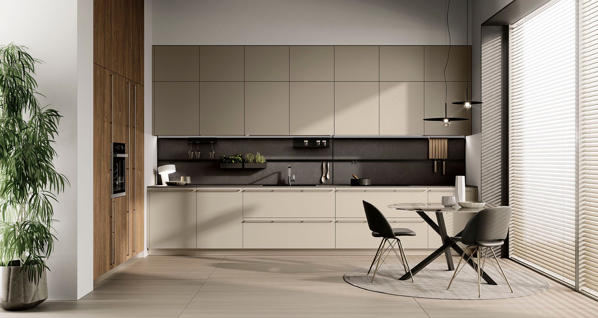 Cucina moderna e minimalista con mobili beige, dettagli neri e un piccolo tavolo da pranzo accanto a grandi finestre.