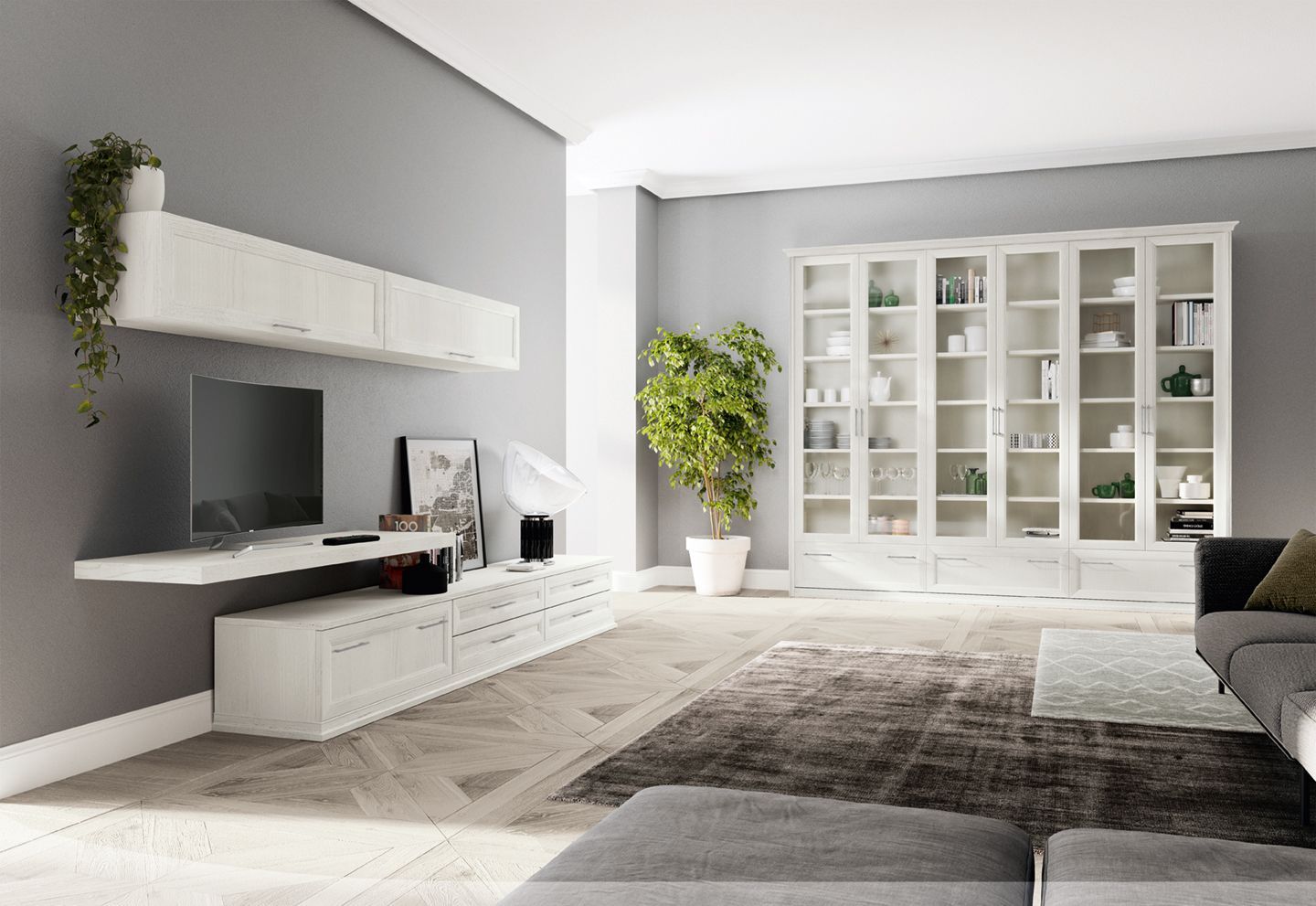 Luminoso soggiorno moderno con pareti grigie, mobili bianchi, grande libreria e luce naturale che filtra dal pavimento.